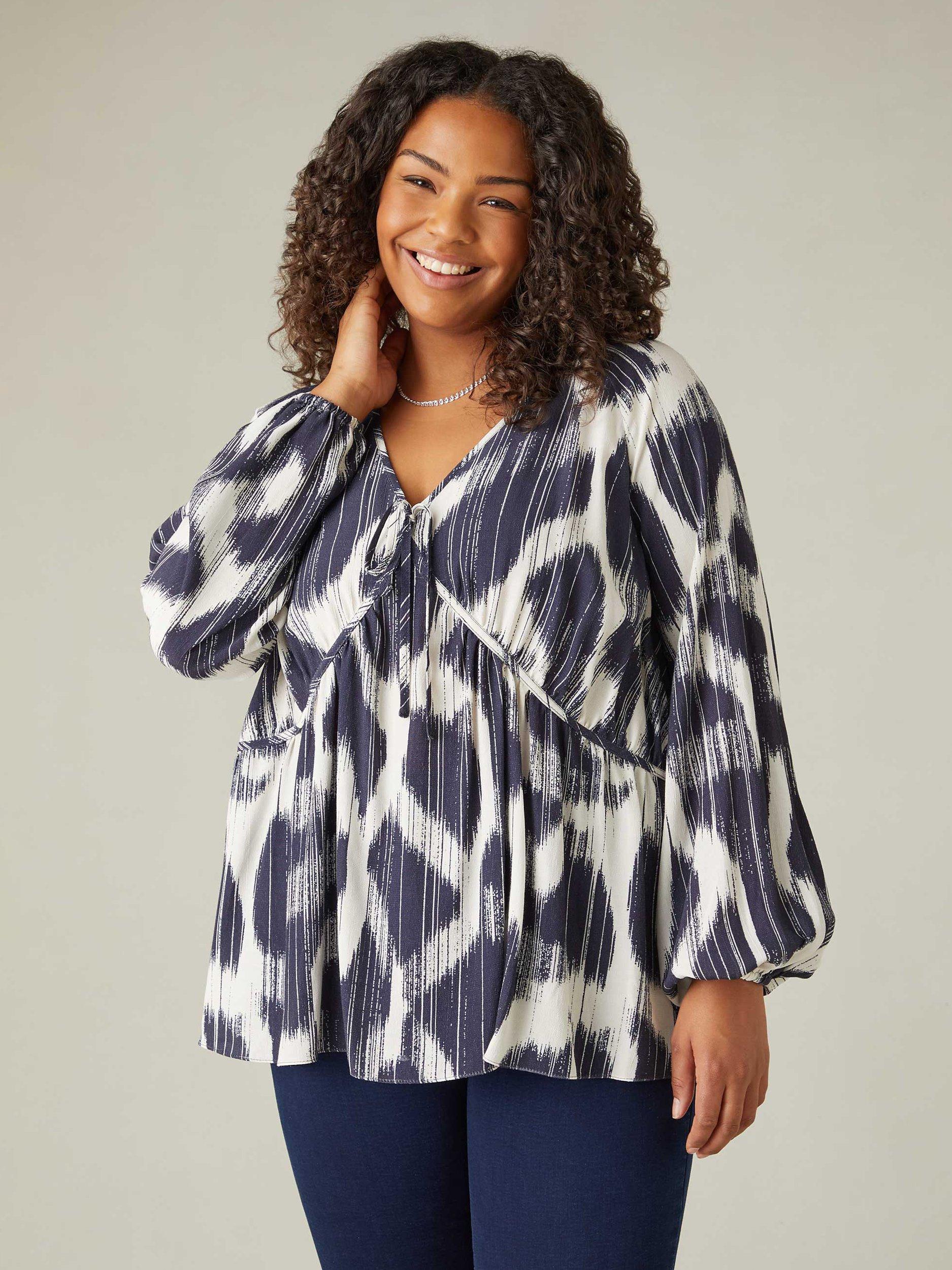 Product image 4 of 8, which shows Live Unlimited Curve Geometric Print Tie Neck Blouse, Blue/White, 12