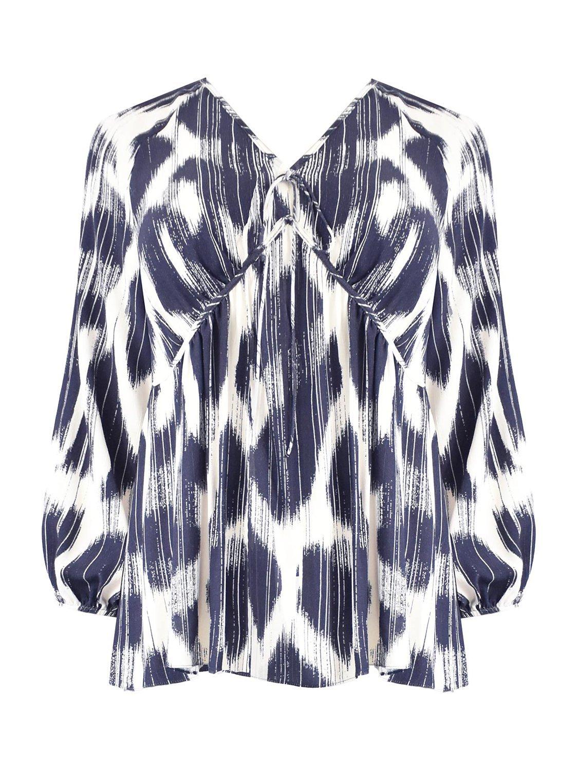 Product image 8 of 8, which shows Live Unlimited Curve Geometric Print Tie Neck Blouse, Blue/White, 12