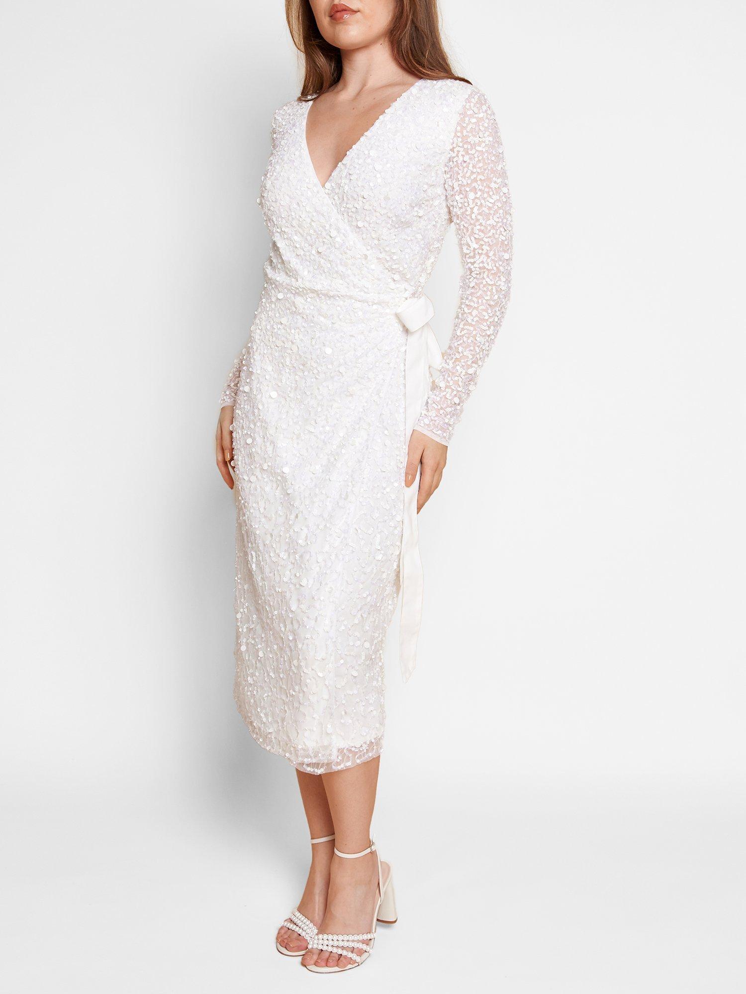 Charlotte Mills Beatrice Embellished Sequin Wrap Midi Dress, White Ivory