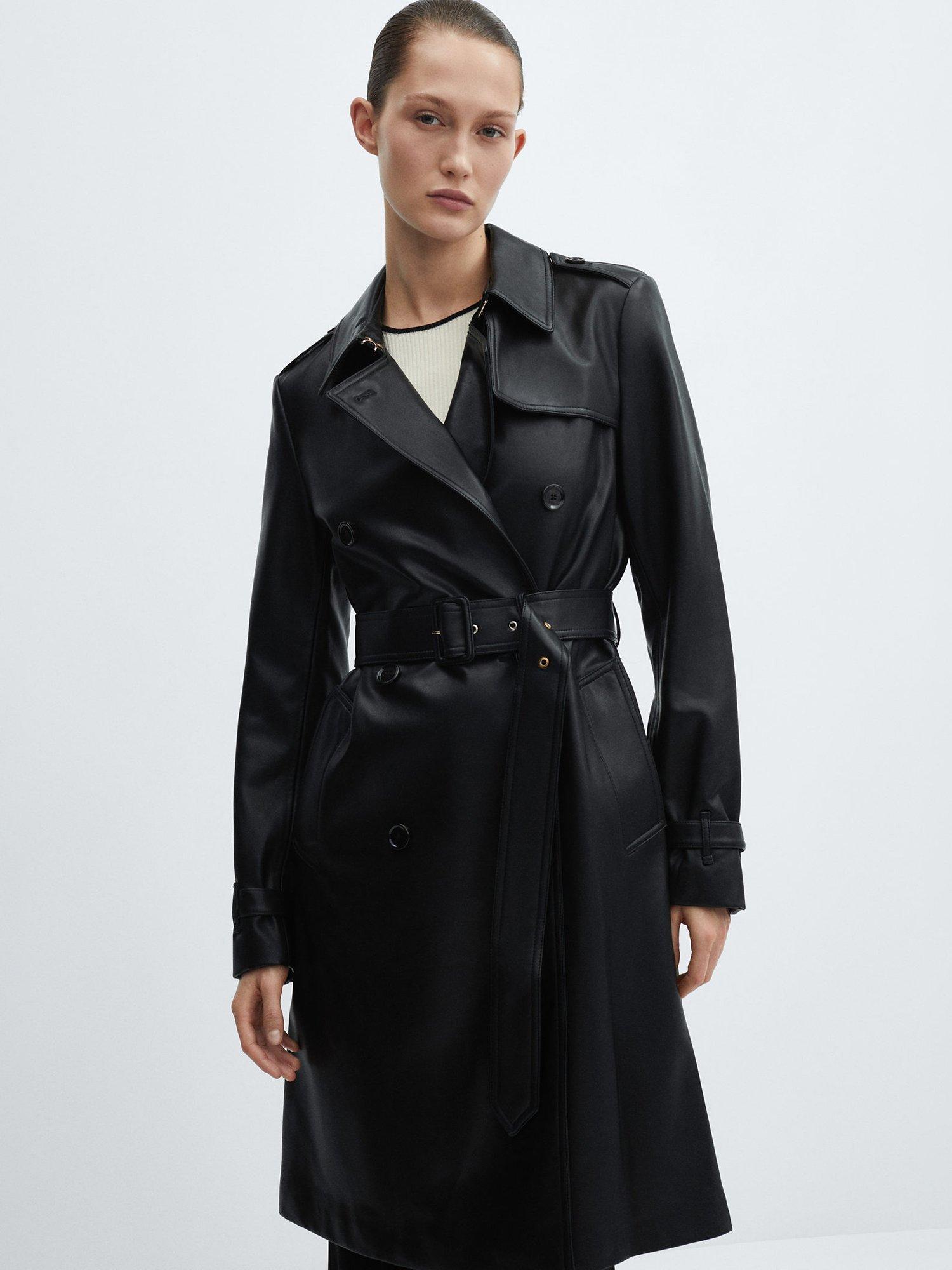 Mango Polana Leather Effect Trench Coat, Black