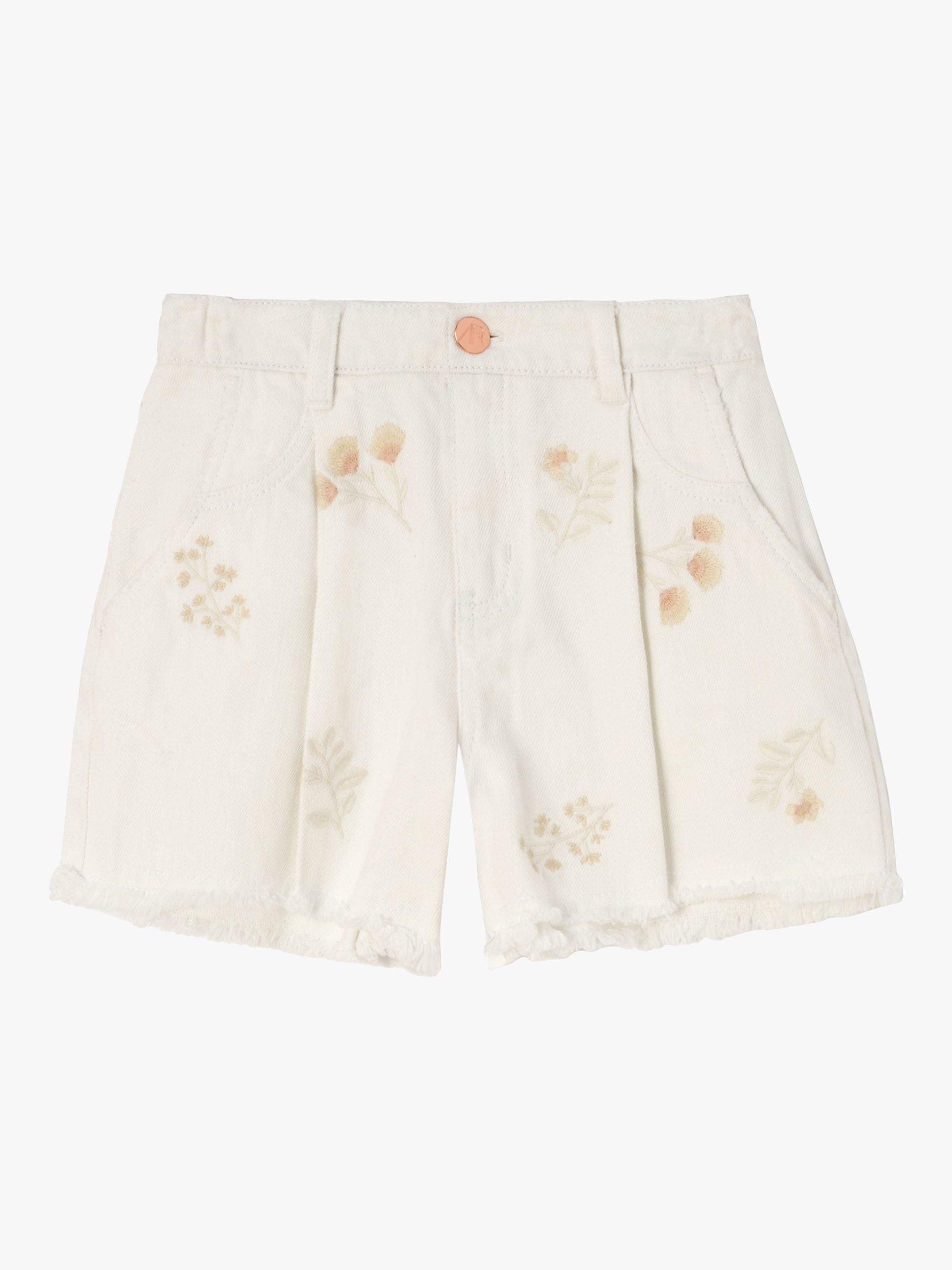 Product image 3 of 5, which shows Angel & Rocket Kids' Raya Floral Embroidered Denim Shorts, Cream, 3 years