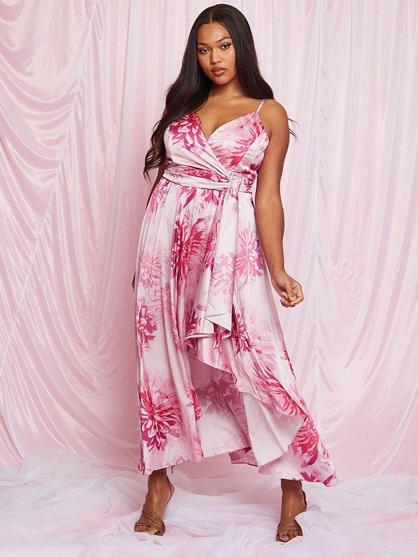 Chi Chi London Cami Floral Print Wrap Midi Dress Pink