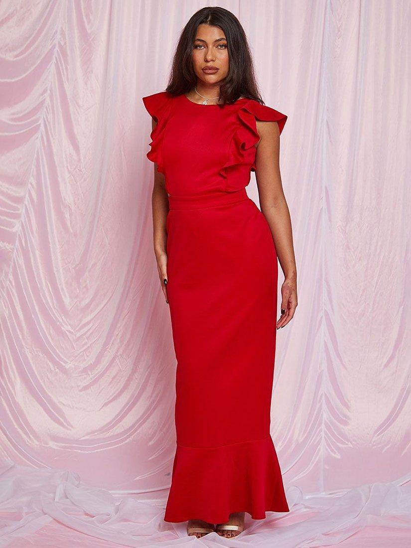 Product image 1 of 5, which shows Chi Chi London Ruffle Sleeve Cut Out Back Maxi Dress, Red, 14
