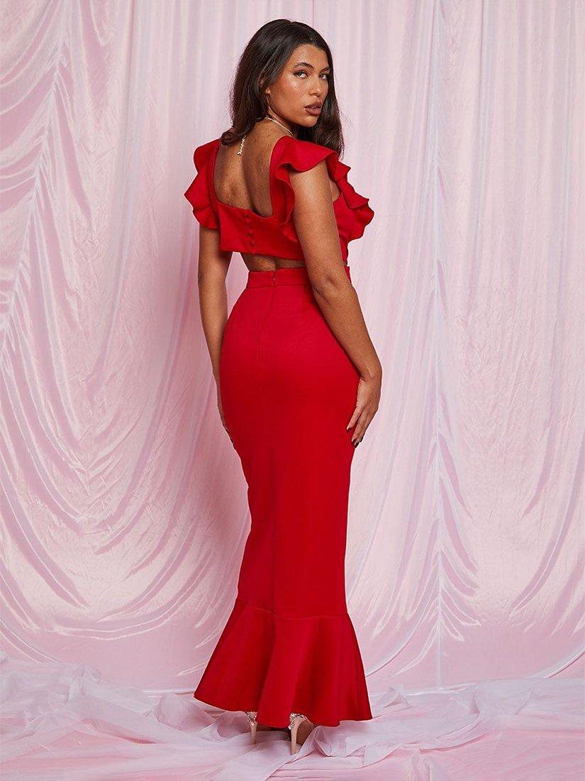 Product image 2 of 5, which shows Chi Chi London Ruffle Sleeve Cut Out Back Maxi Dress, Red, 14