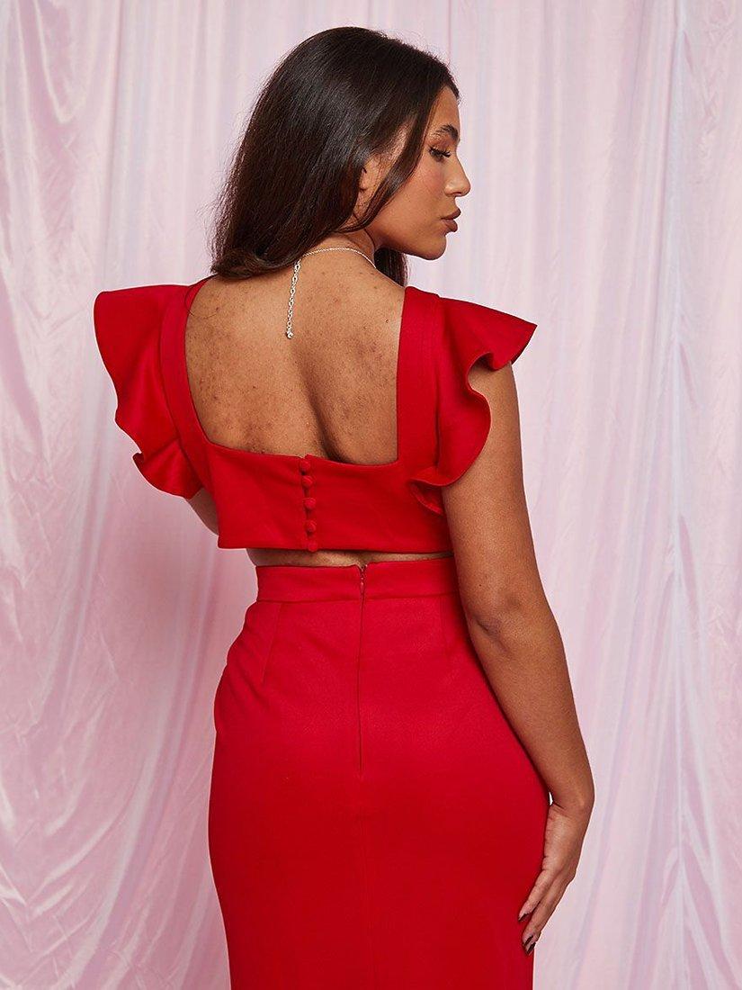 Product image 3 of 5, which shows Chi Chi London Ruffle Sleeve Cut Out Back Maxi Dress, Red, 14