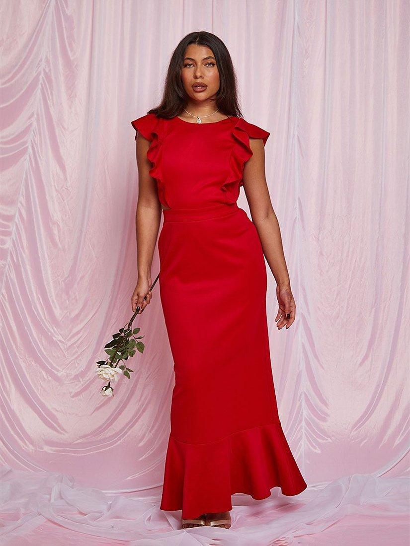 Product image 4 of 5, which shows Chi Chi London Ruffle Sleeve Cut Out Back Maxi Dress, Red, 14