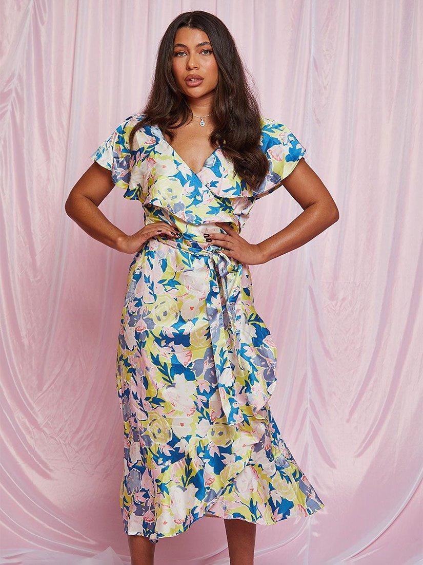 Chi Chi London Floral Print Midi Wrap Dress Multi