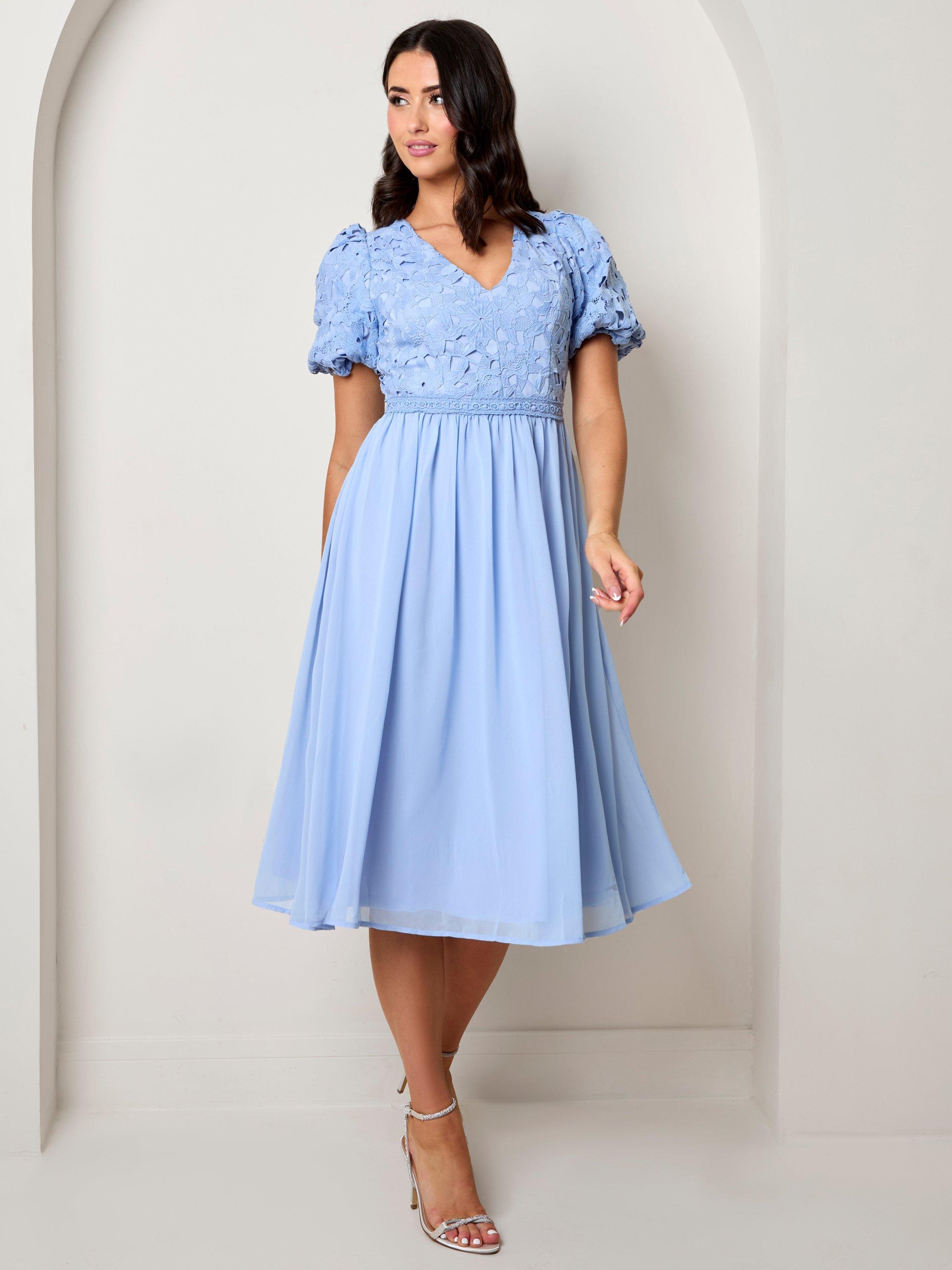 Chi Chi London Lace Bodice Puff Sleeve Midi Dress Blue