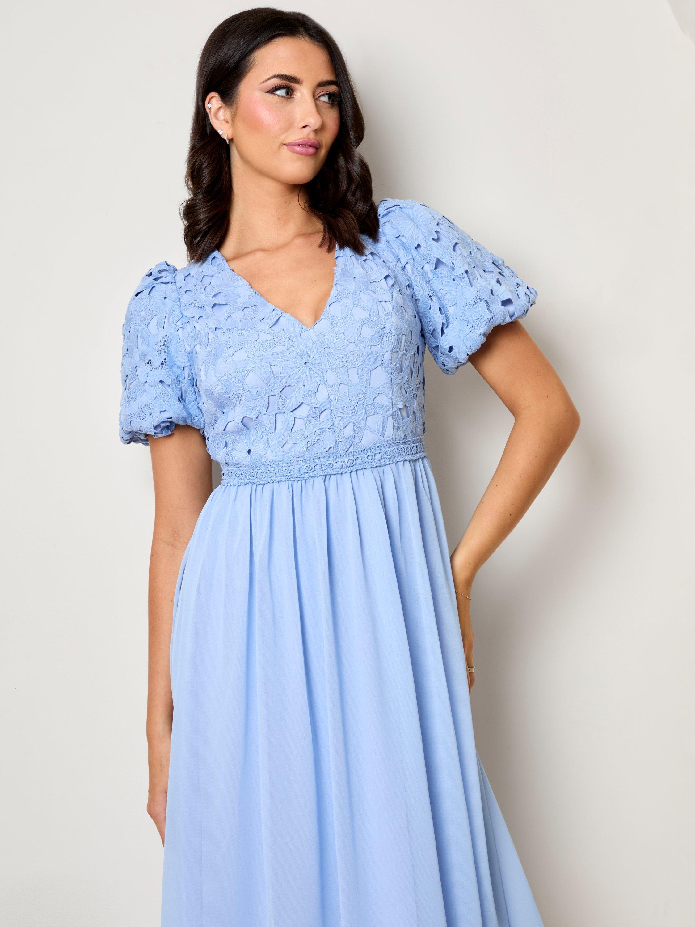 Chi Chi London Lace Bodice Puff Sleeve Midi Dress Blue