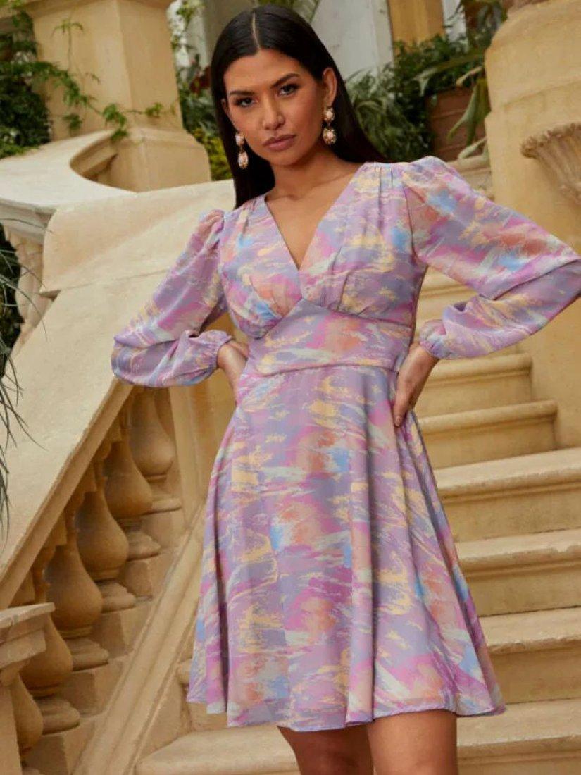 Product image 2 of 4, which shows Chi Chi London Watercolour Print Long Sleeve Mini Dress, Purple/Multi, 6