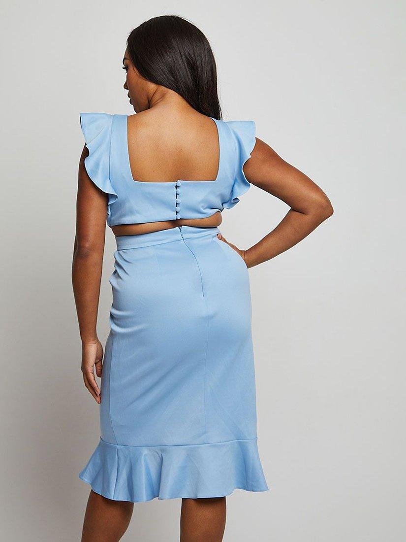 Product image 4 of 4, which shows Chi Chi London Ruffle Sleeve Cut Out Back Midi Dress, Blue, 6