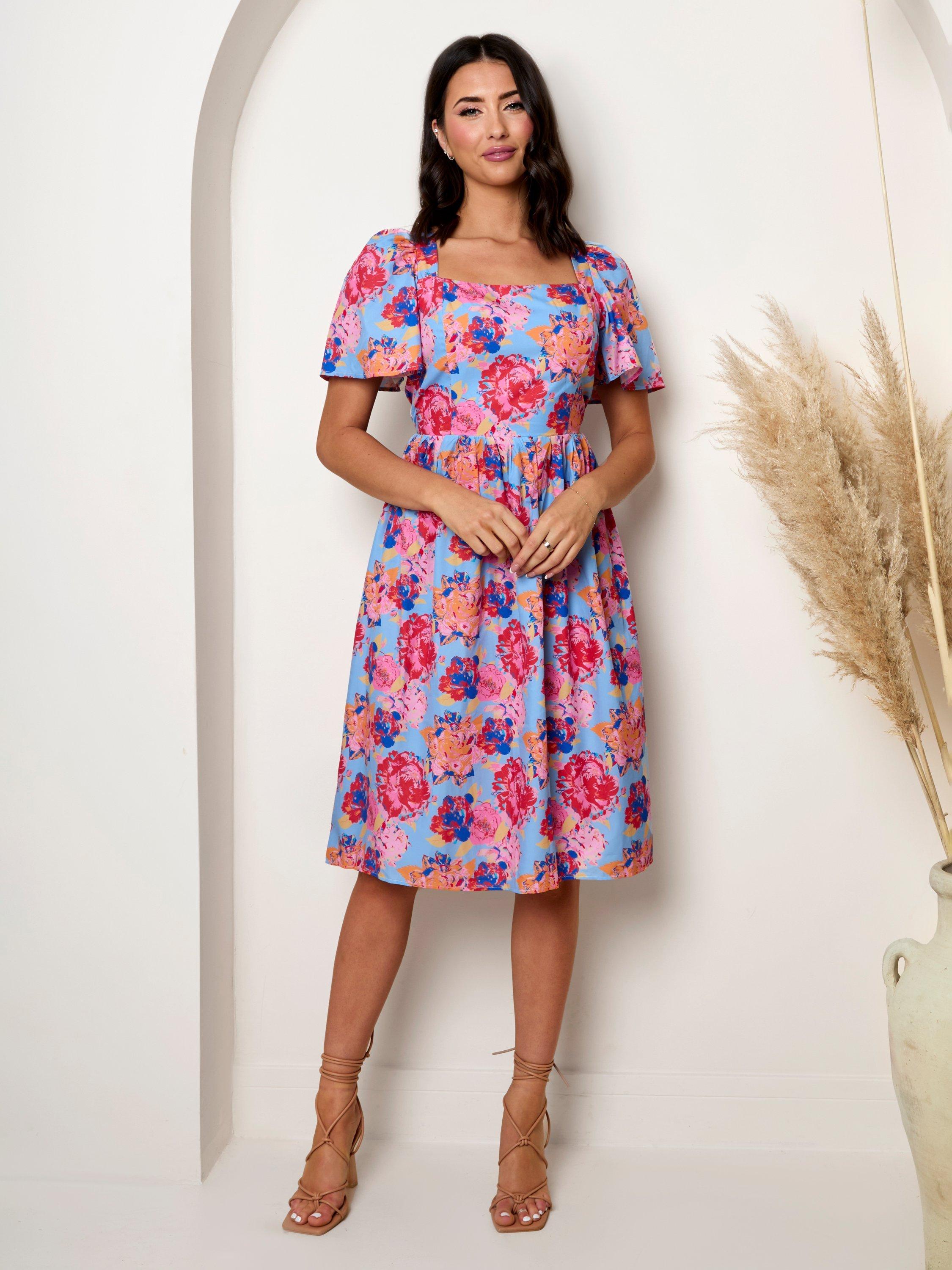 Chi Chi London Floral Print Square Neck Midi Dress Blue