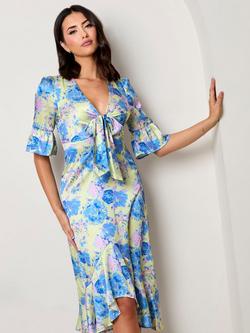 Chi Chi London Floral Print Tie Front Midi Dress, Yellow/Multi, Yellow/Multi