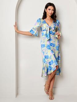 Chi Chi London Floral Print Tie Front Midi Dress, Yellow/Multi - view 2, Yellow/Multi