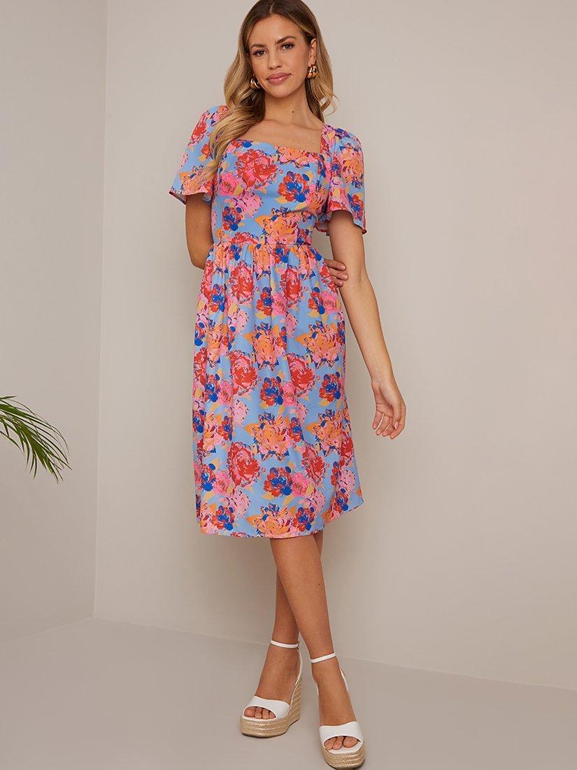 Chi Chi London Petite Floral Print Square Neck Midi Dress Blue