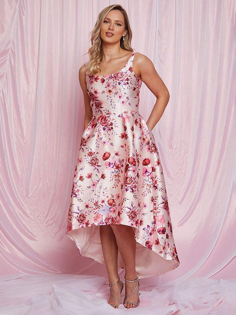 Chi Chi London Floral Dip Hem Dress Pink