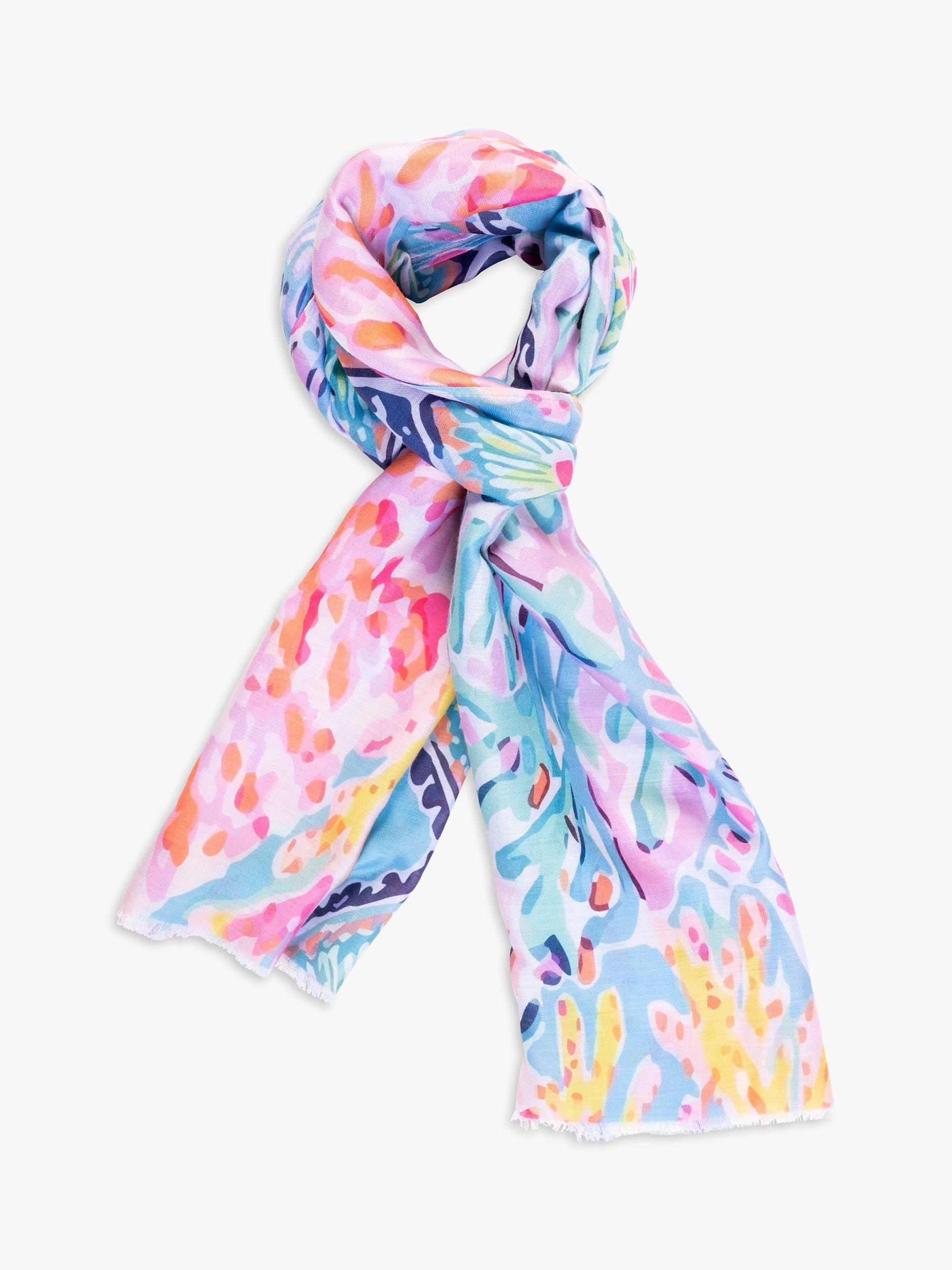 Product image 1 of 5, which shows chesca Abstract Tropical Diamond Print Scarf, Lilac/Multi, One Size