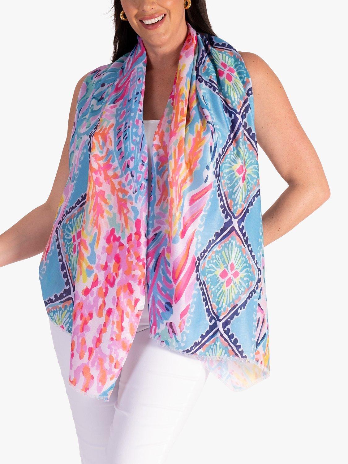 Product image 2 of 5, which shows chesca Abstract Tropical Diamond Print Scarf, Lilac/Multi, One Size