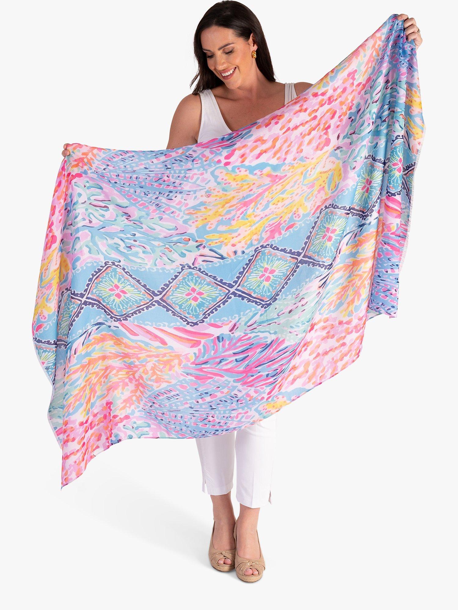 Product image 3 of 5, which shows chesca Abstract Tropical Diamond Print Scarf, Lilac/Multi, One Size