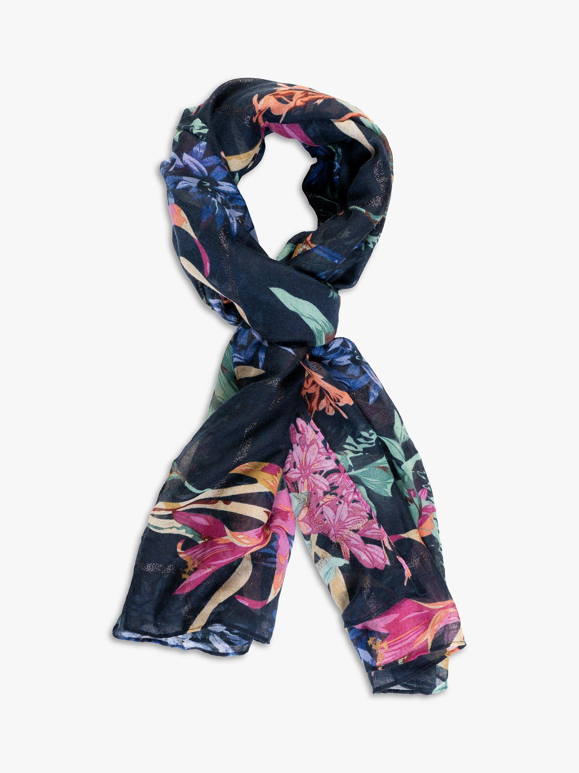 Product image 1 of 5, which shows chesca Floral Gold Glitter Stripe Scarf, Navy/Multi, One Size
