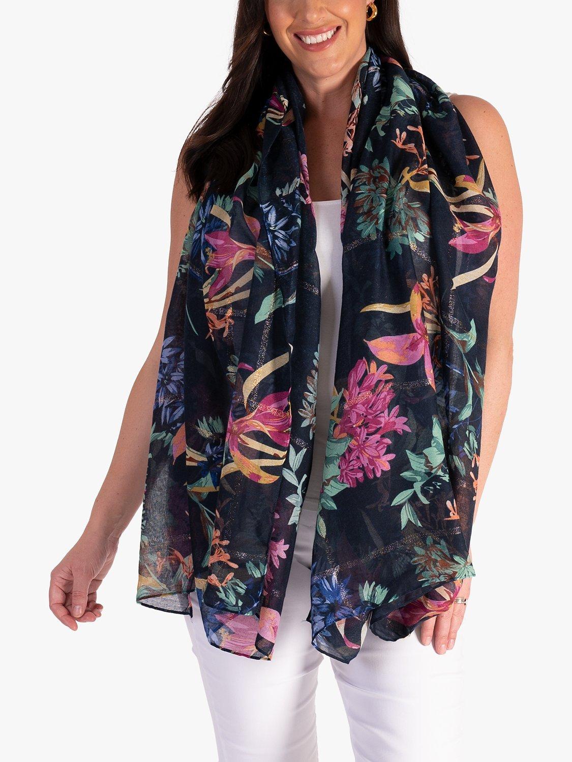 Product image 2 of 5, which shows chesca Floral Gold Glitter Stripe Scarf, Navy/Multi, One Size