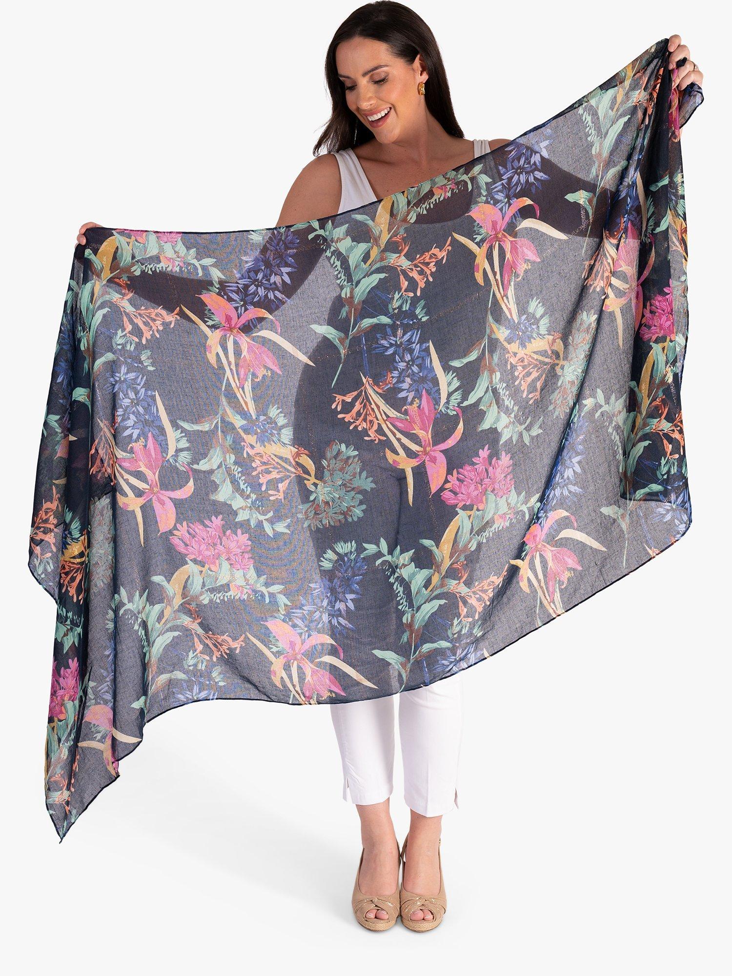 Product image 3 of 5, which shows chesca Floral Gold Glitter Stripe Scarf, Navy/Multi, One Size