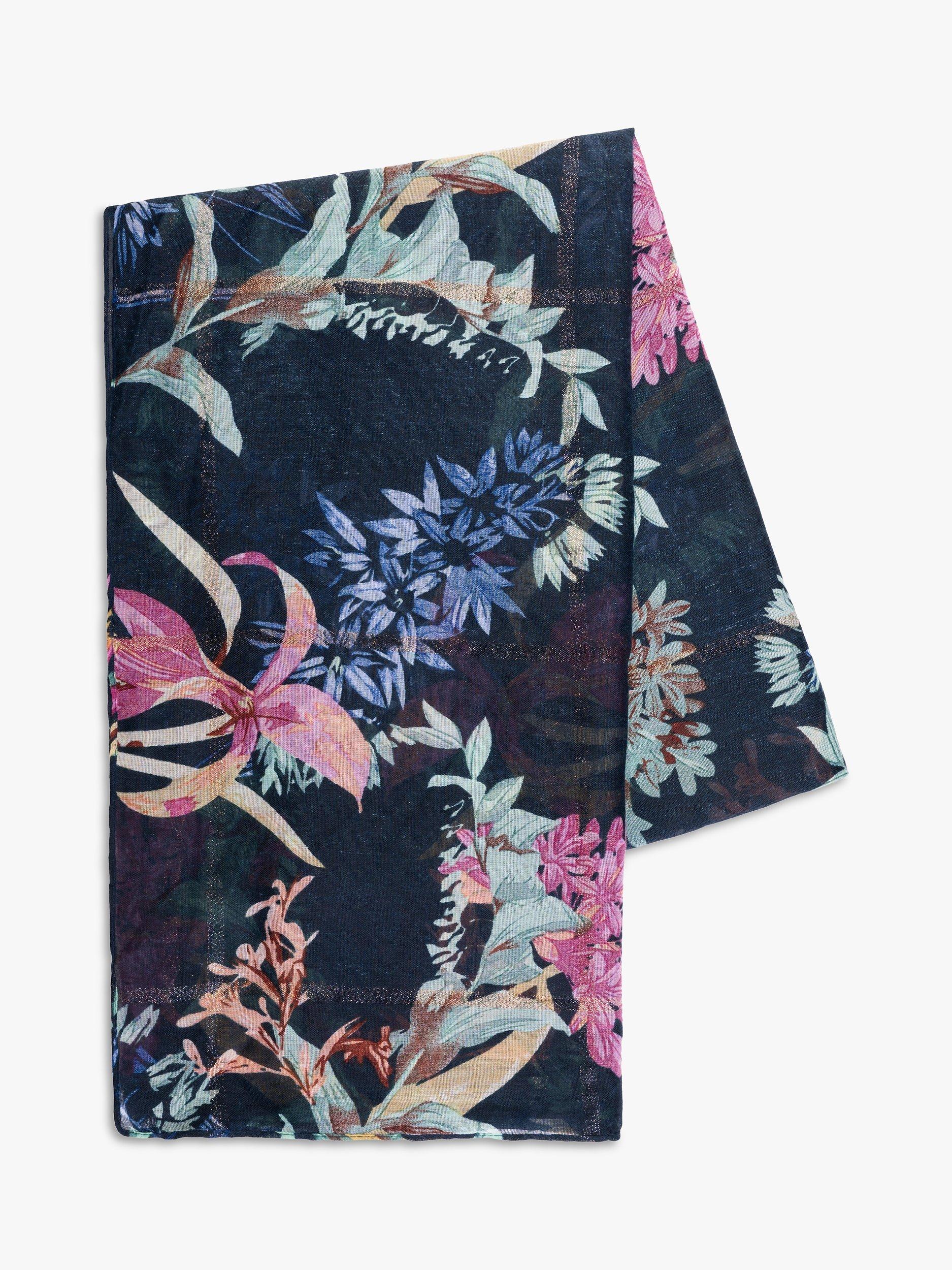 Product image 5 of 5, which shows chesca Floral Gold Glitter Stripe Scarf, Navy/Multi, One Size