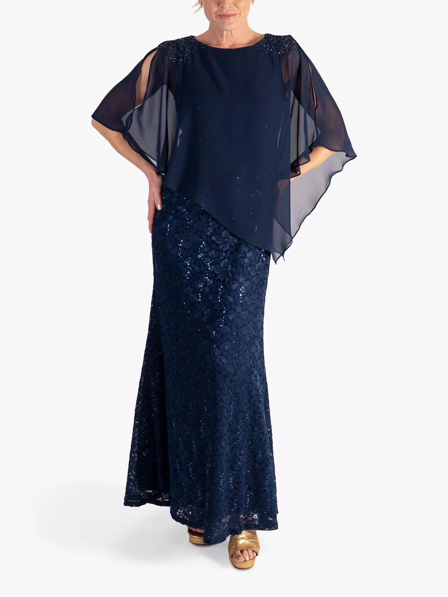 chesca Sequin Lace Cape Maxi Dress Navy