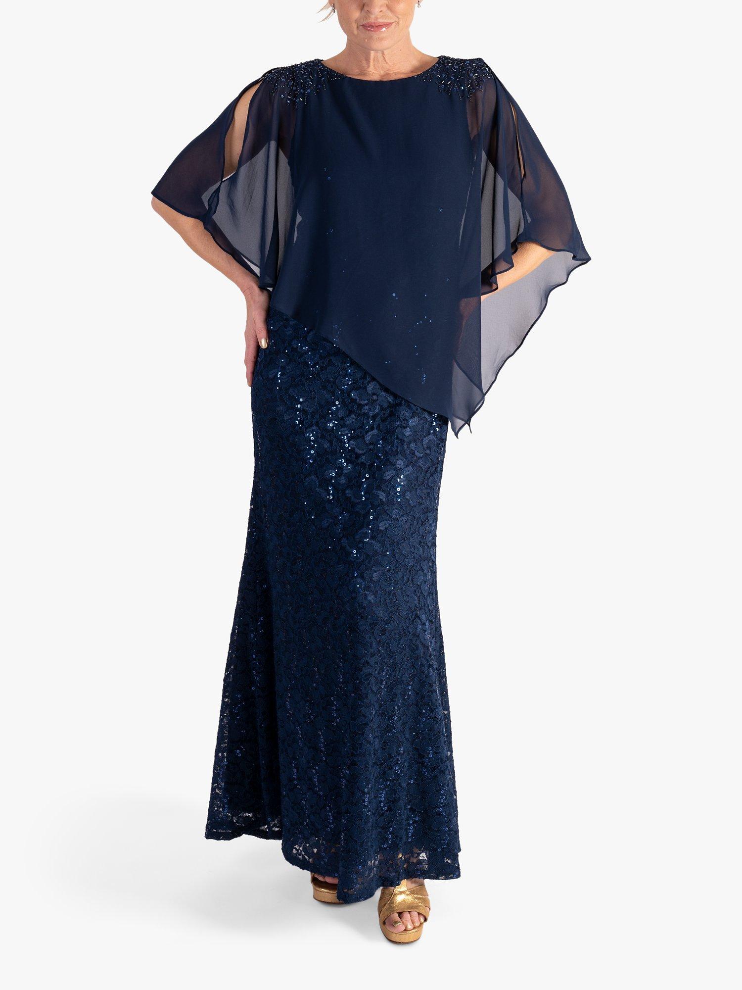 Product image 1 of 5, which shows chesca Sequin Lace Cape Maxi Dress, Navy, 12