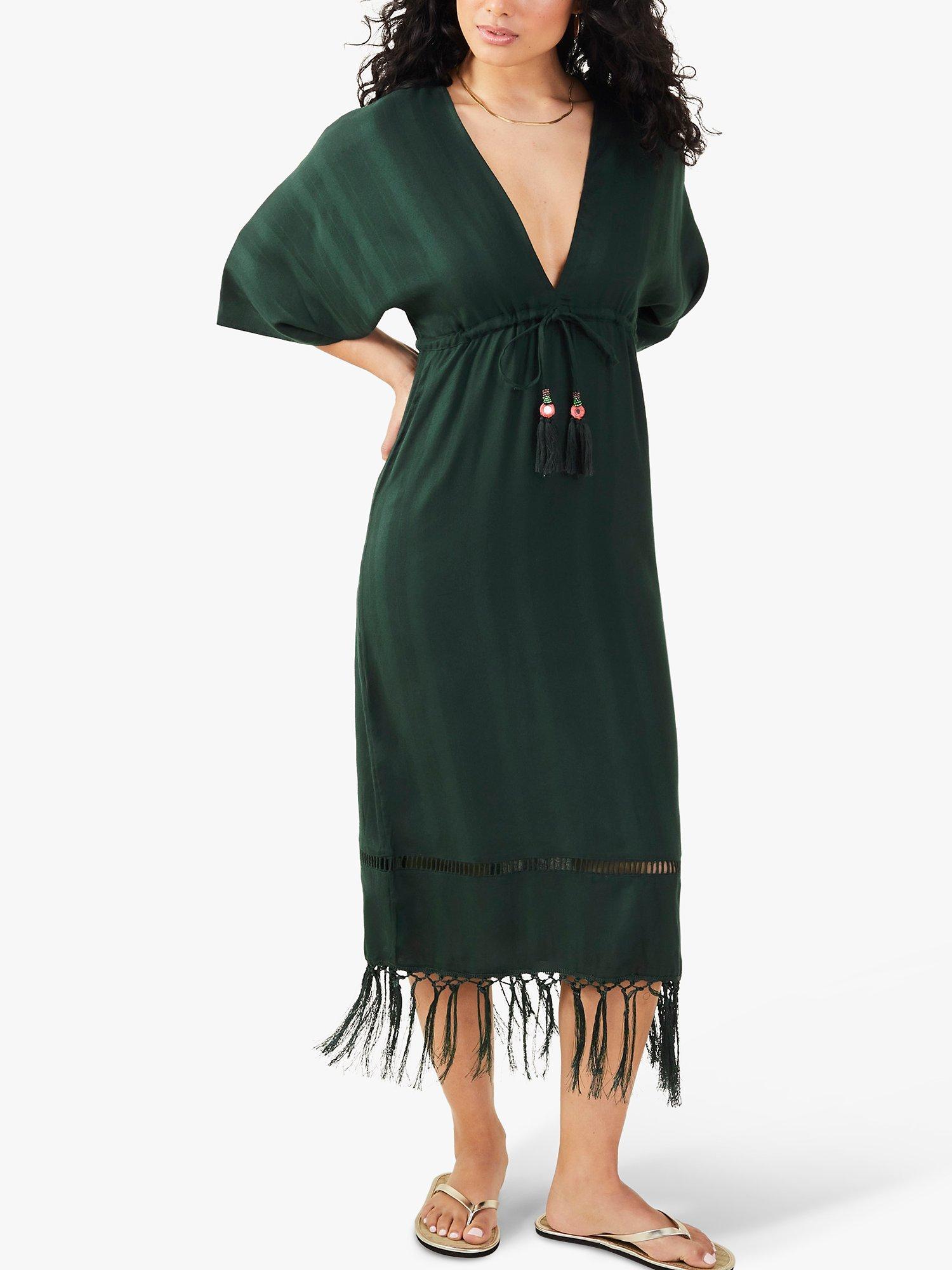 Product image 1 of 4, which shows Accessorize Tassel Kimono Dress, Dark Green, XS