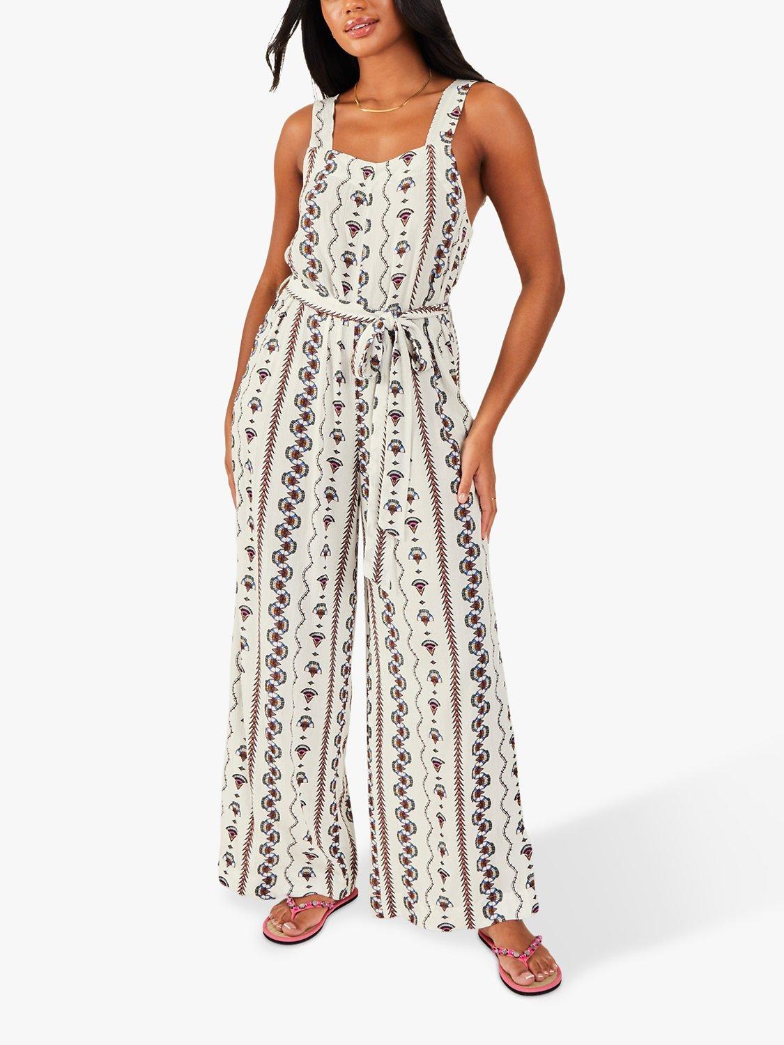 Accessorize Fan Print Crinkle Jumpsuit, White/Multi