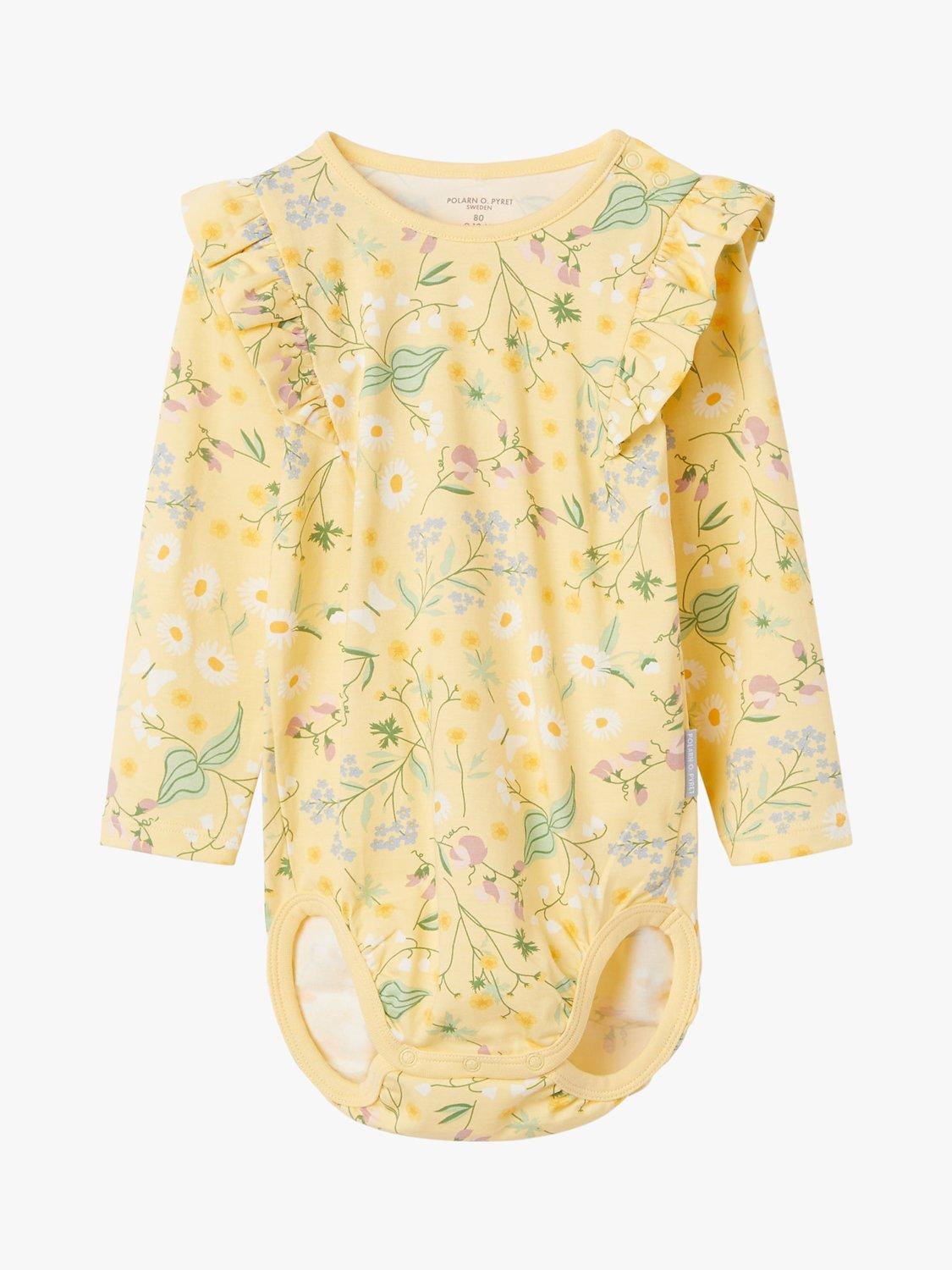 Polarn O. Pyret Baby Organic Cotton Floral Print Ruffle Bodysuit, Yellow