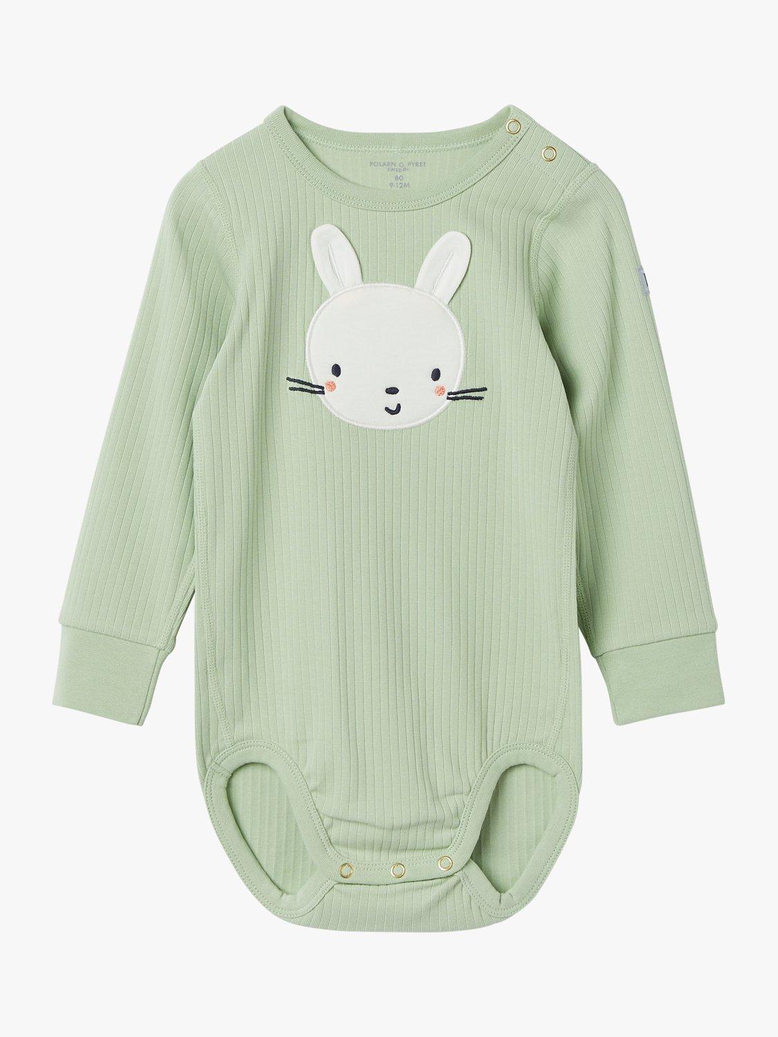 Polarn O. Pyret Baby Organic Cotton Rib Bunny Applique Bodysuit, Green