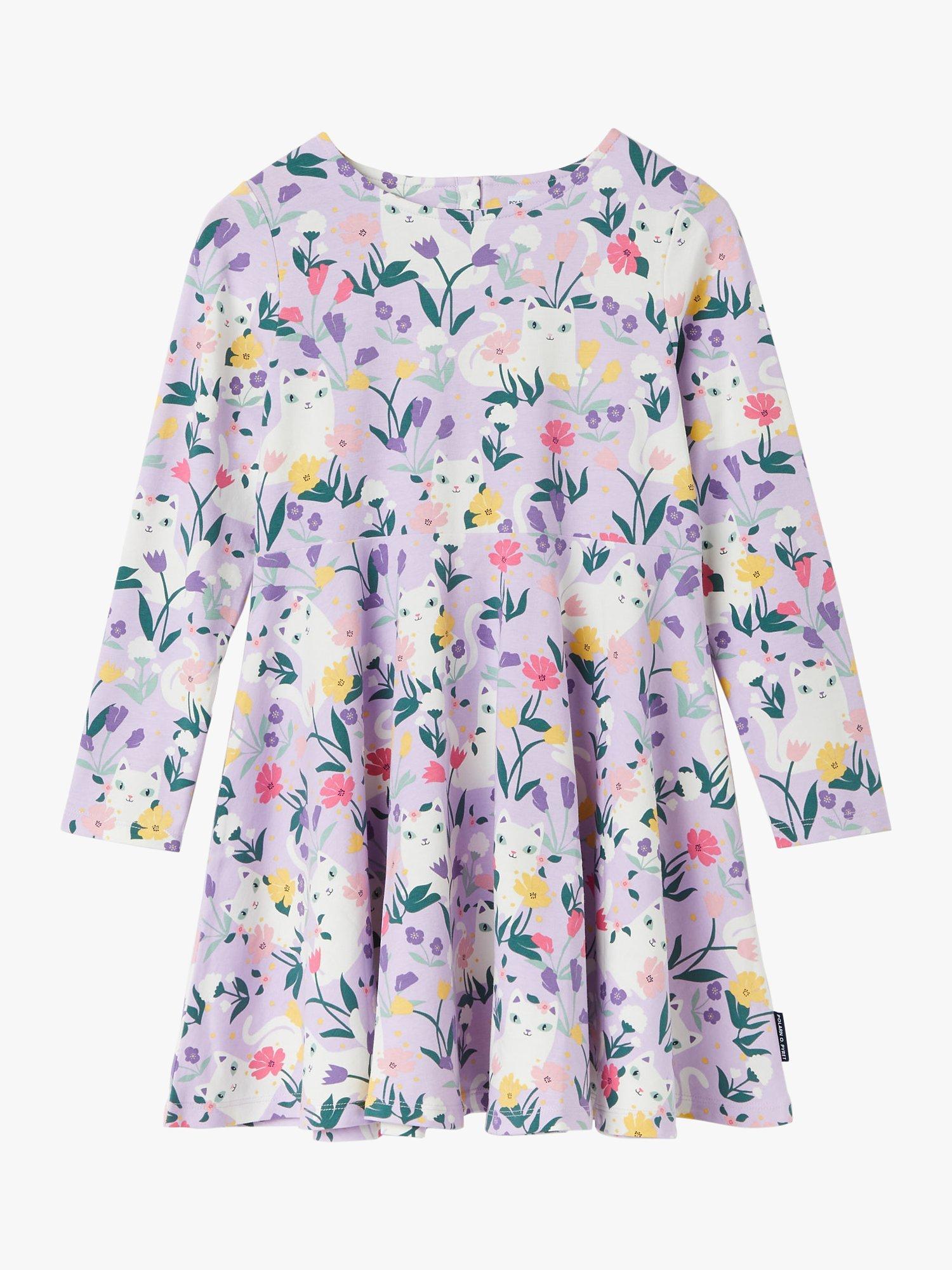 Polarn O. Pyret Kids' Organic Cotton Cat & Floral Print Dress, Purple