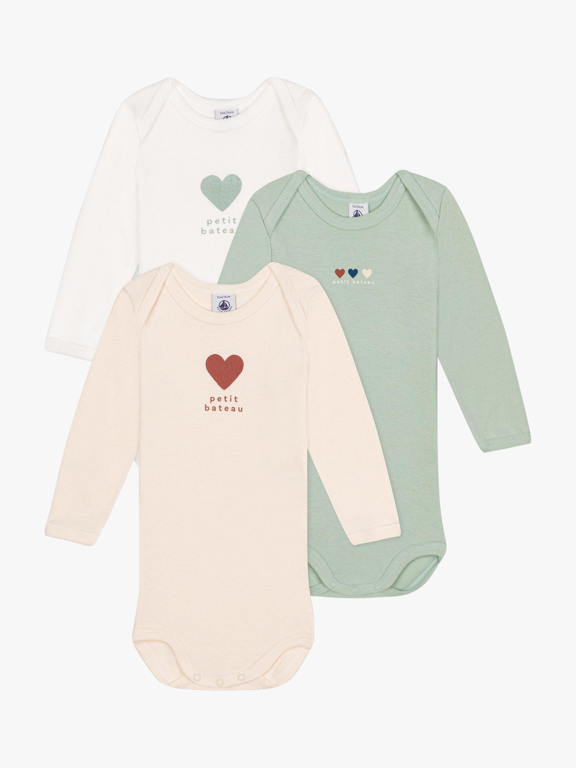 Product image 1 of 4, which shows Petit Bateau Baby Heart Bodysuits, Pack of 3, Multi, 3 months