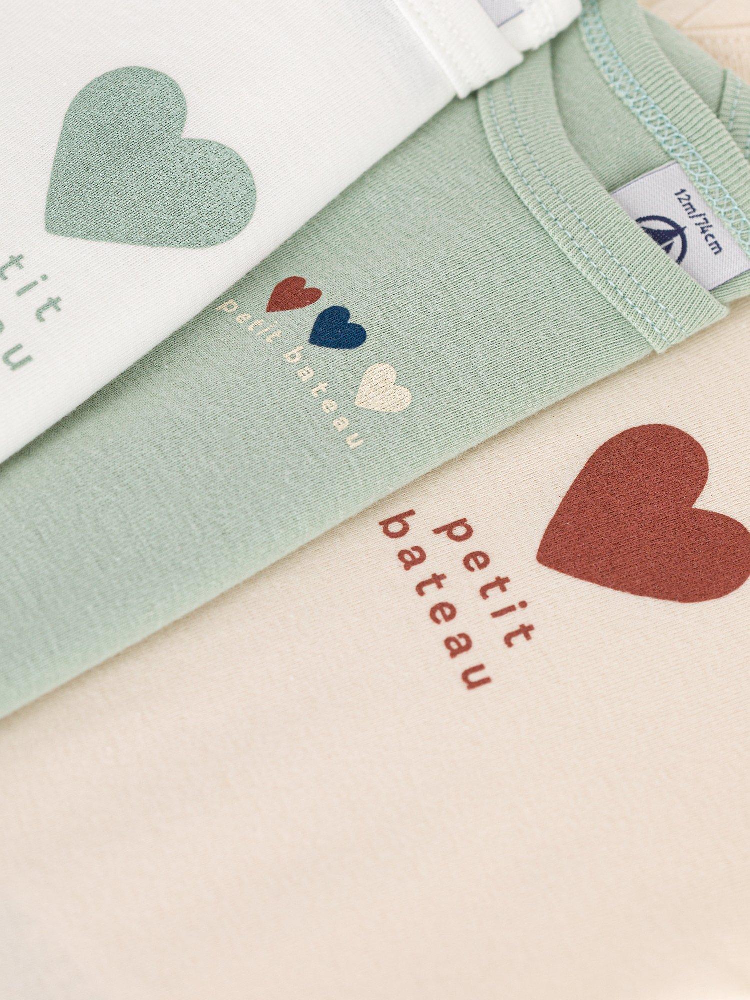 Product image 3 of 4, which shows Petit Bateau Baby Heart Bodysuits, Pack of 3, Multi, 3 months