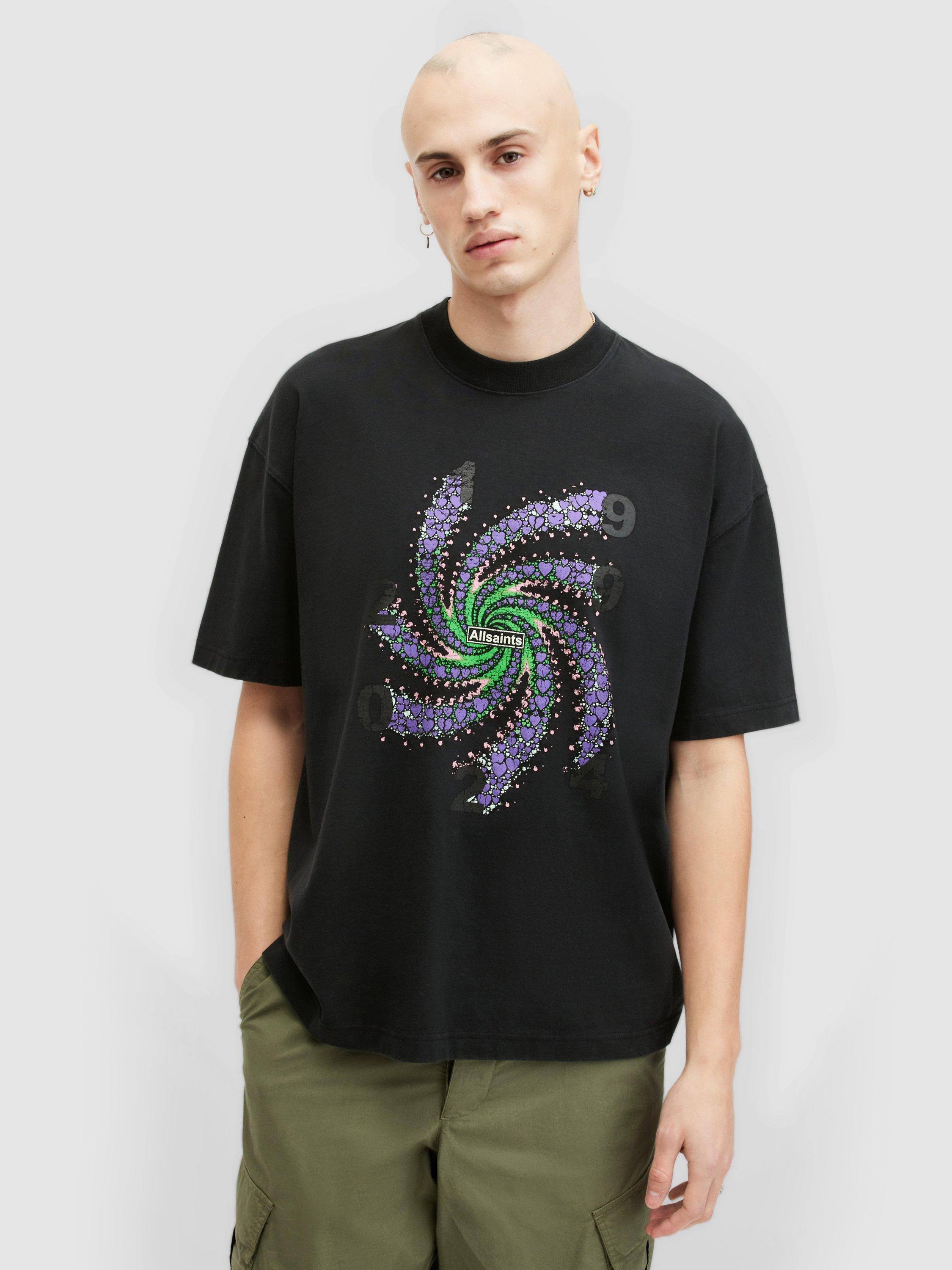 AllSaints Fraktyl Organic Cotton Graphic Oversized T-Shirt, Washed Black/Multi