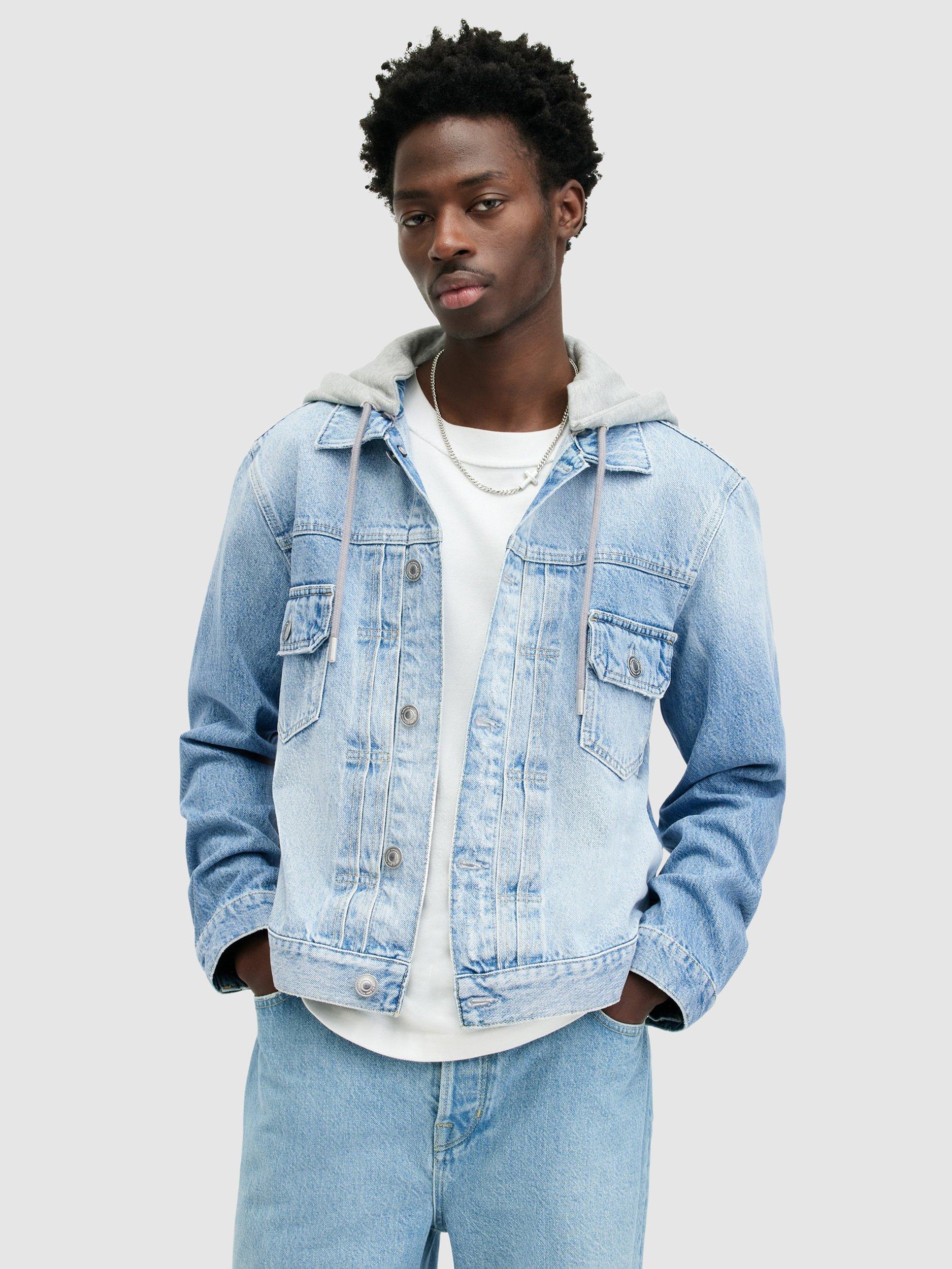 AllSaints Spirit Organic Cotton Hooded Denim Jacket Indigo Blue