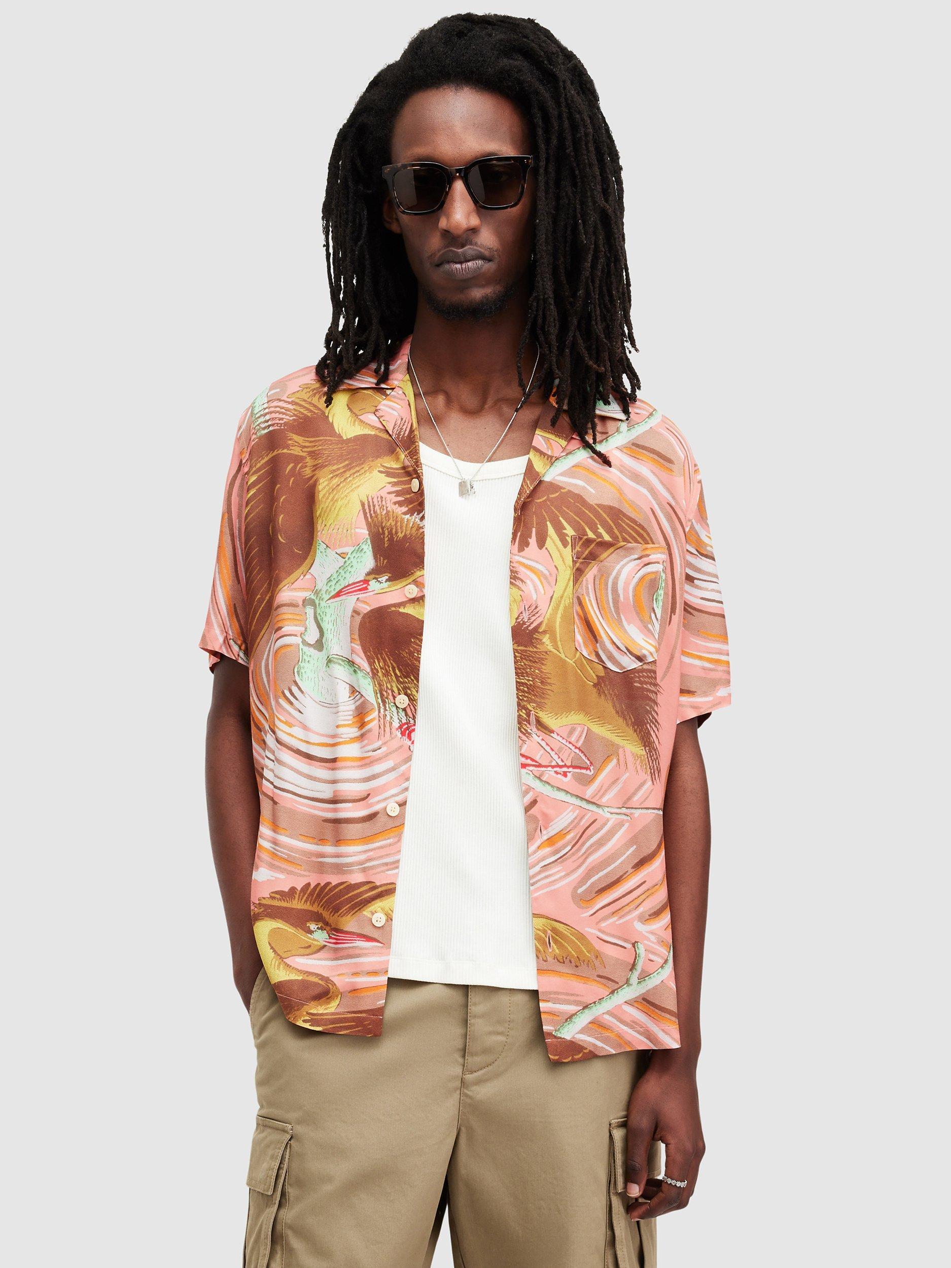 AllSaints Matsuri Bird Print Short Sleeve Shirt, Paradise Pink