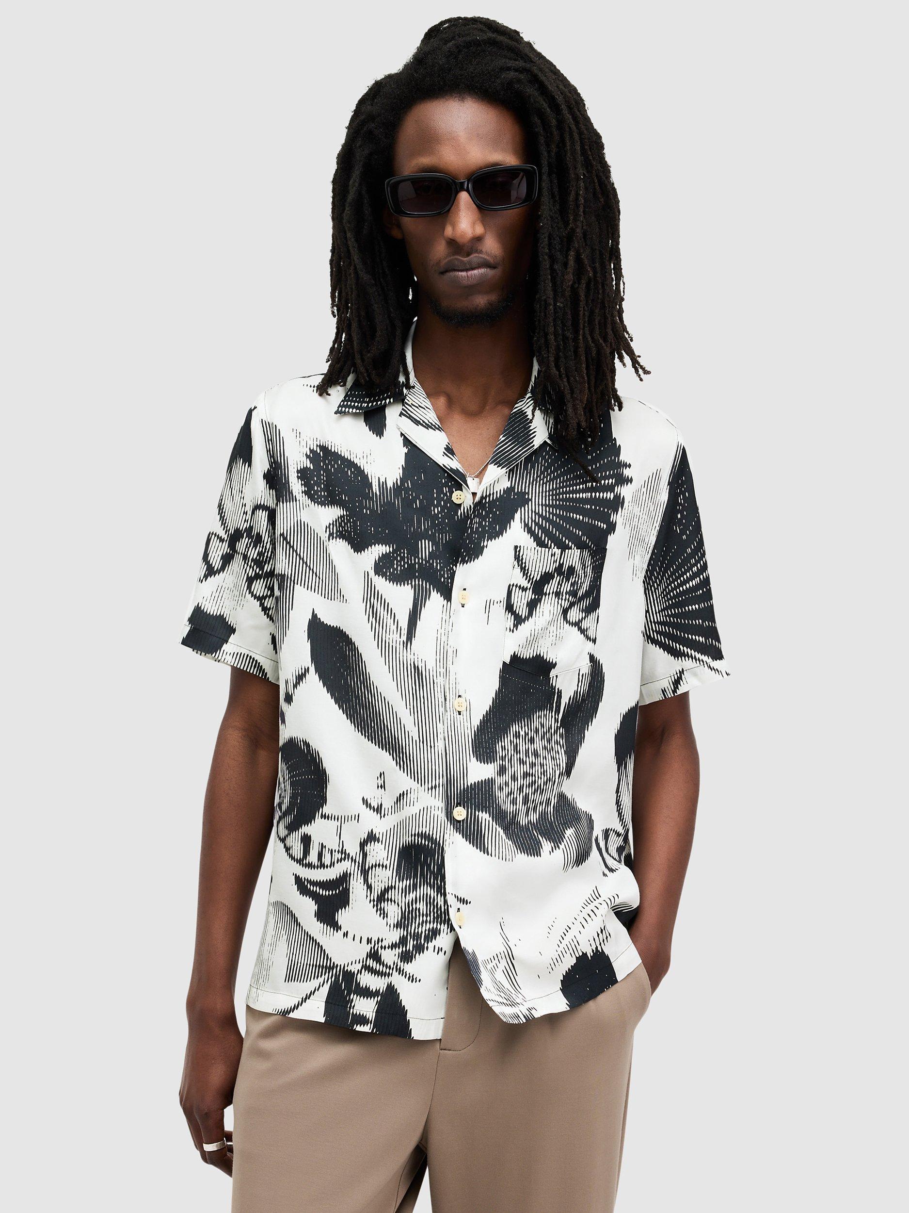 AllSaints Frequency Abstract Print Relaxed Fit Shirt, Off White/Black