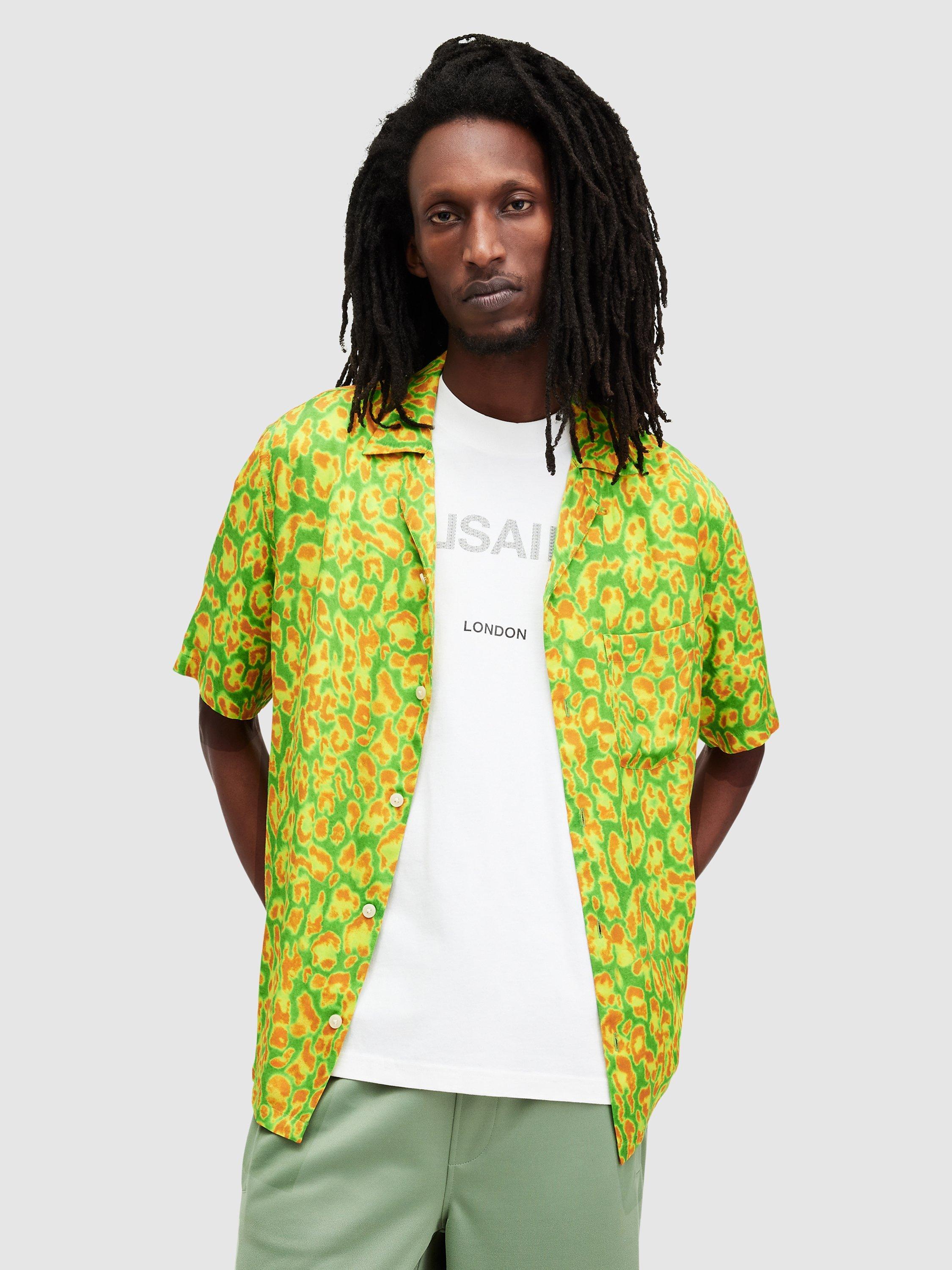 AllSaints Leopaz Leopard Print Short Sleeve Shirt, Lizard Green