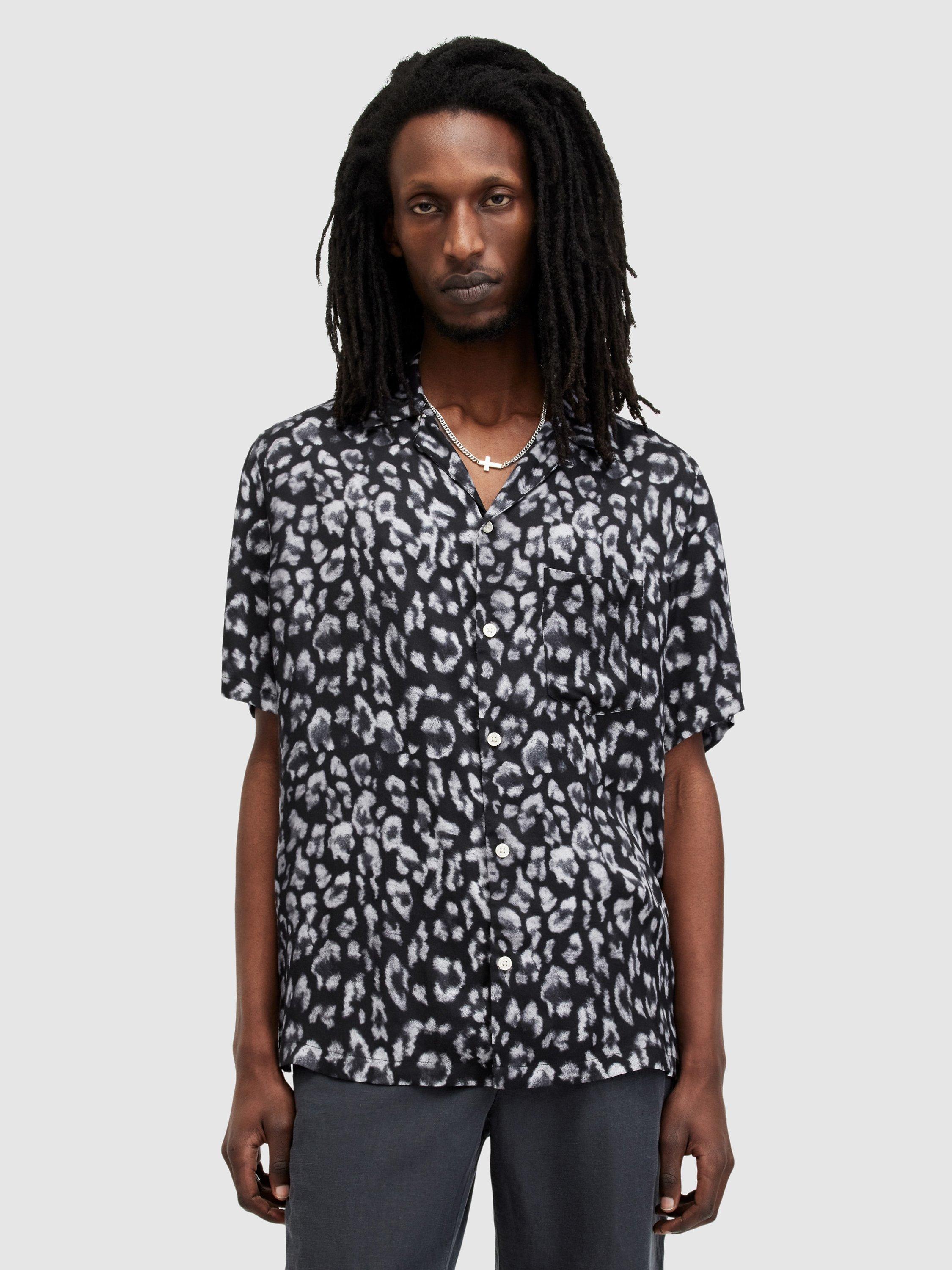 AllSaints Leopaz Leopard Print Short Sleeve Shirt, Jet Black