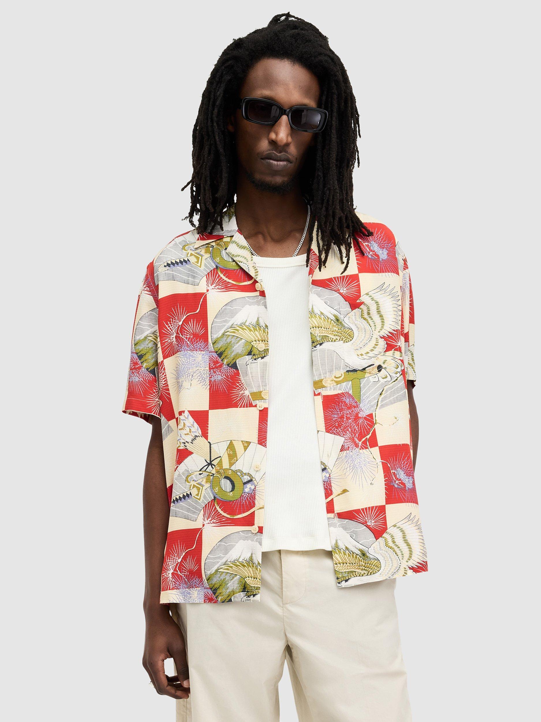 AllSaints Sebastian Short Sleeve Shirt, Electric Red/Multi
