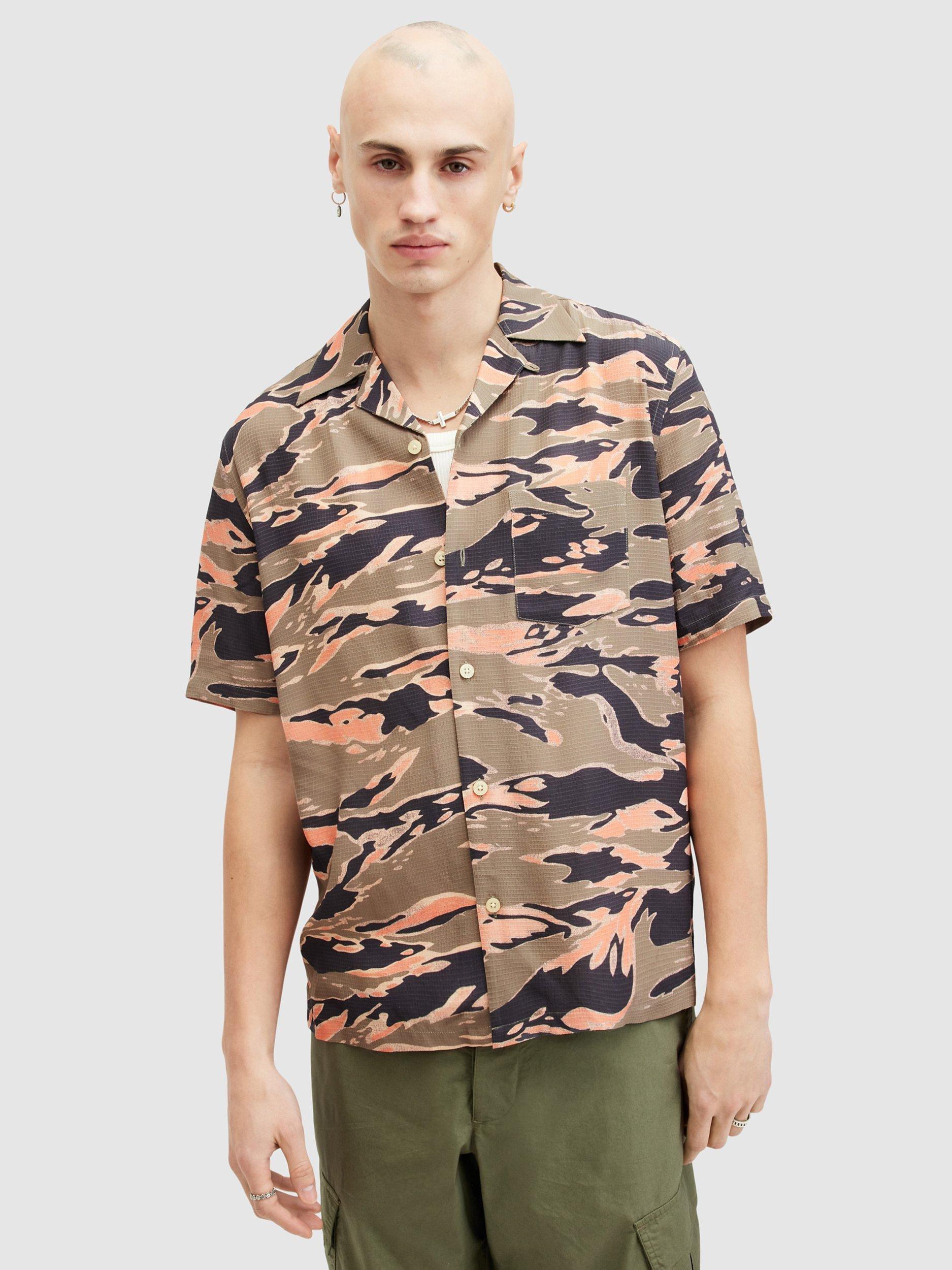 AllSaints Solar Camo Short Sleeve Shirt, Herb Green/Multi