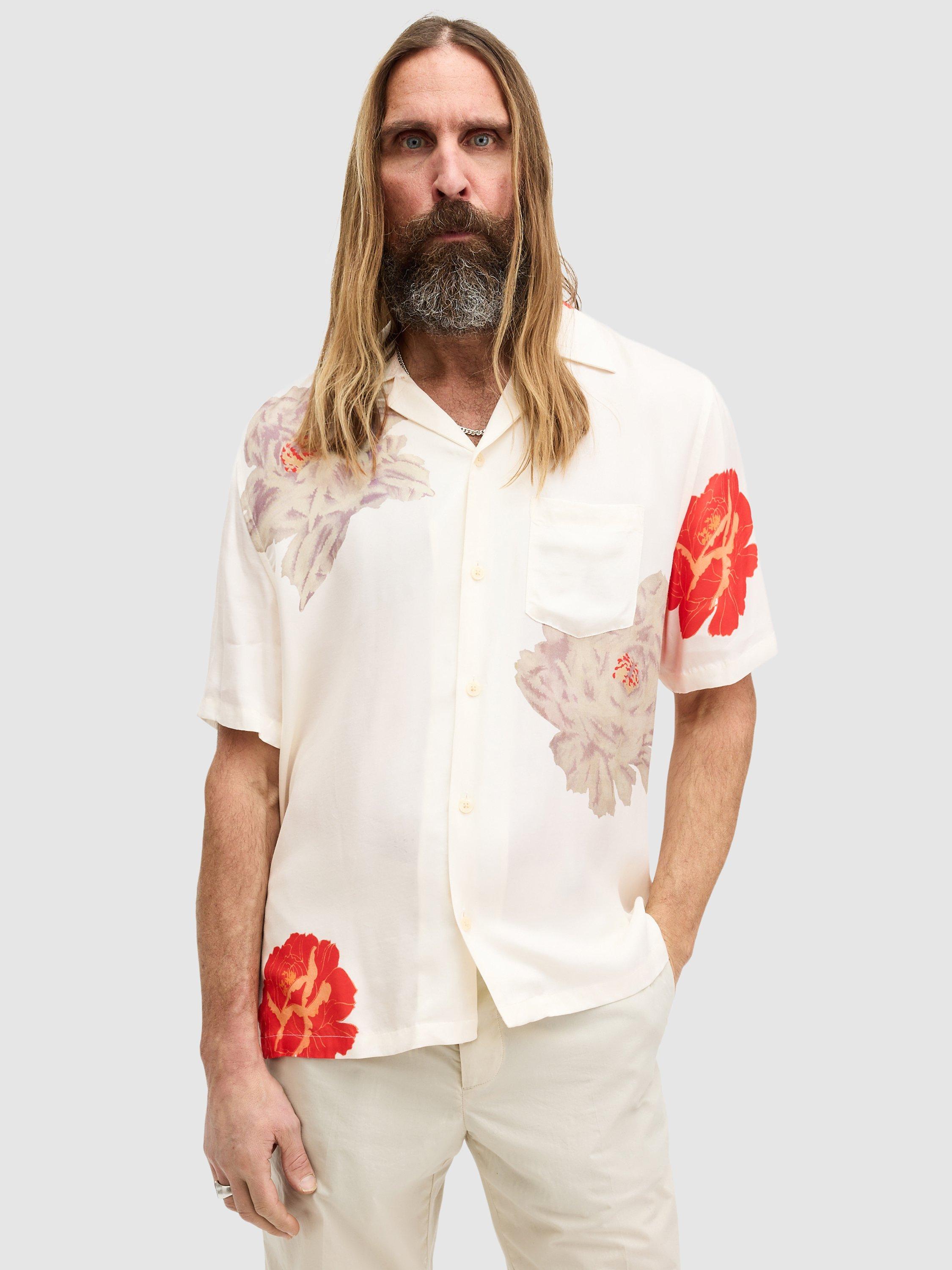 AllSaints Roze Floral Print Short Sleeve Shirt, Ecru White/Multi