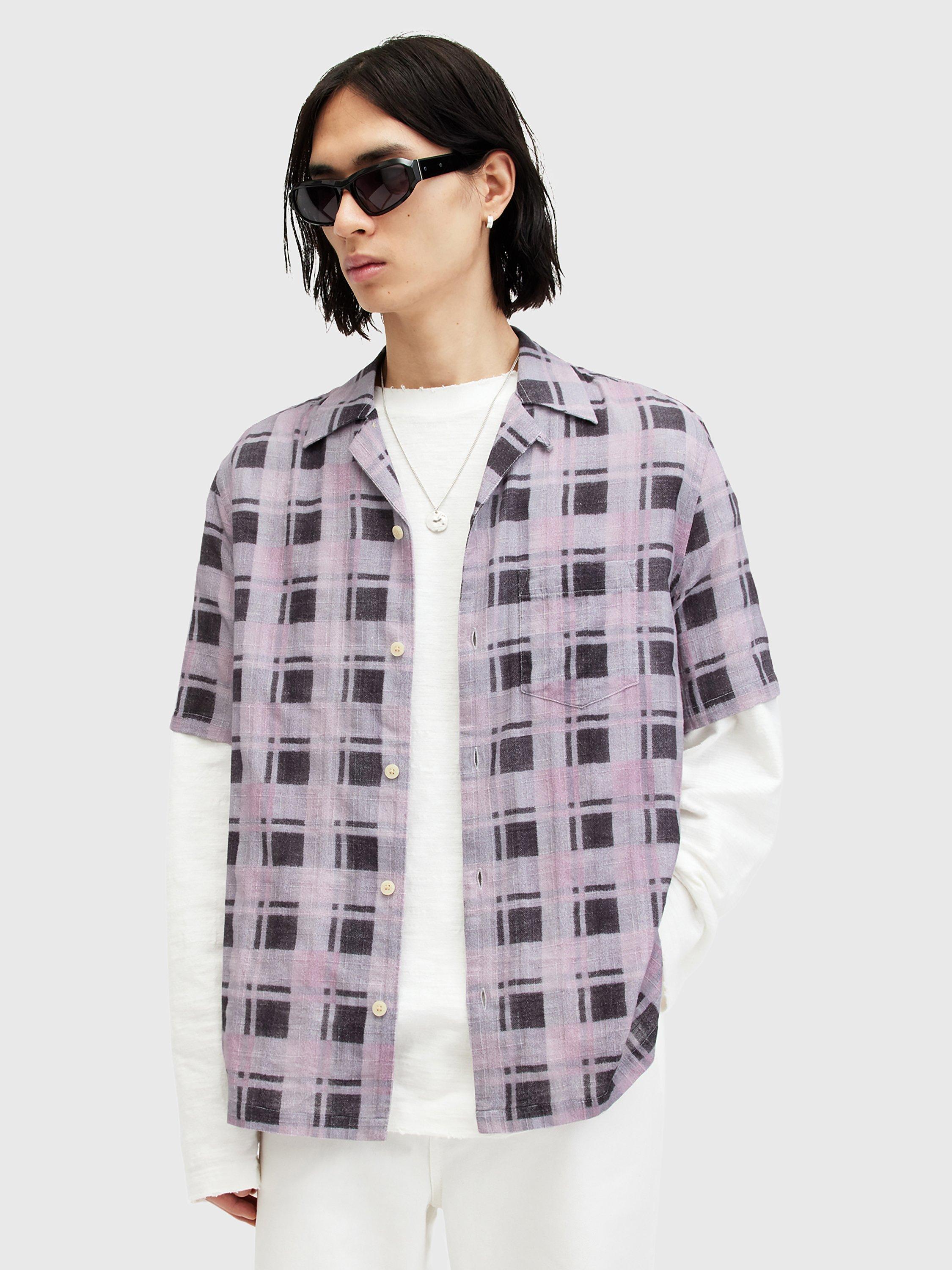 AllSaints Big Sur Organic Cotton Blend Check Short Sleeve Shirt, Sugared Lilac