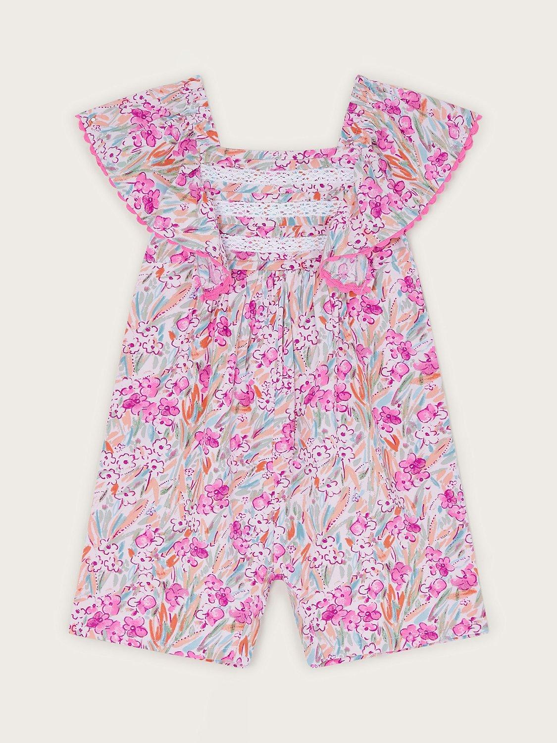 Monsoon Baby Floral Print Lace Trim Frill Romper, Magenta