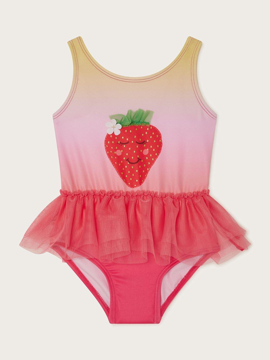 Monsoon Baby Strawberry Motif Mesh Frill Swimsuit, Pale Pink/Multi