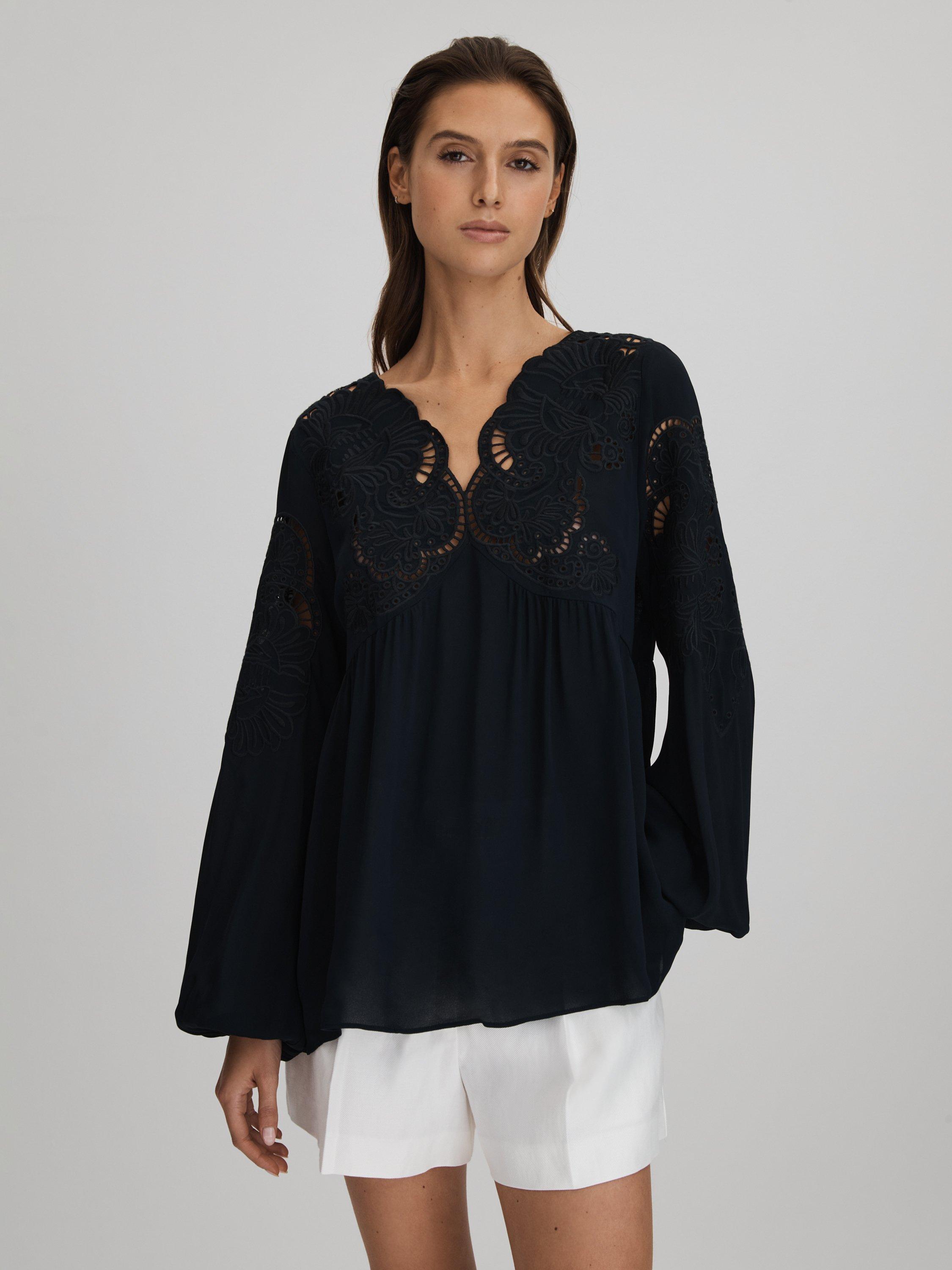 Reiss Noa Lace Insert Blouse, Navy