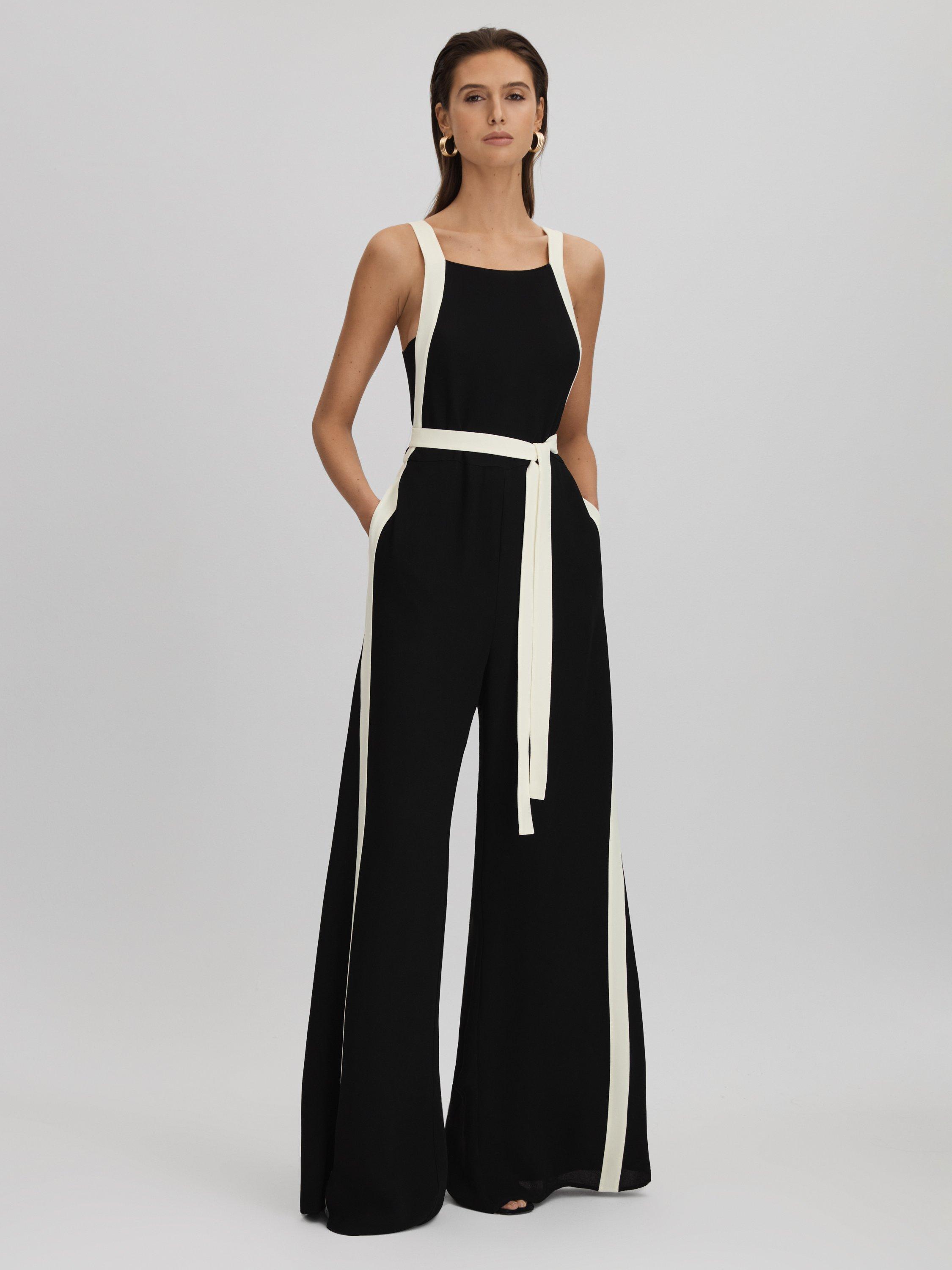 Reiss Salma Colour Block Wide Led Jumpsuit, Black/White £268.00